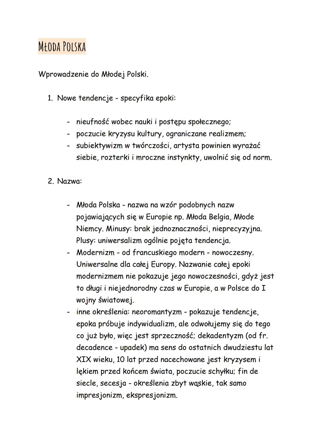 MŁODA POLSKA
Wprowadzenie do Młodej Polski.
1. Nowe tendencje - specyfika epoki:
-
-
nieufność wobec nauki i postępu społecznego;
poczucie k