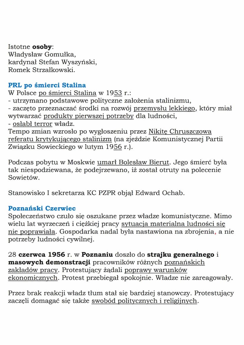 --- OCR Start ---
Istotne osoby:
Władysław Gomułka,
kardynał Stefan Wyszyński,
Romek Strzałkowski.
PRL po śmierci Stalina
W Polsce po śmierc