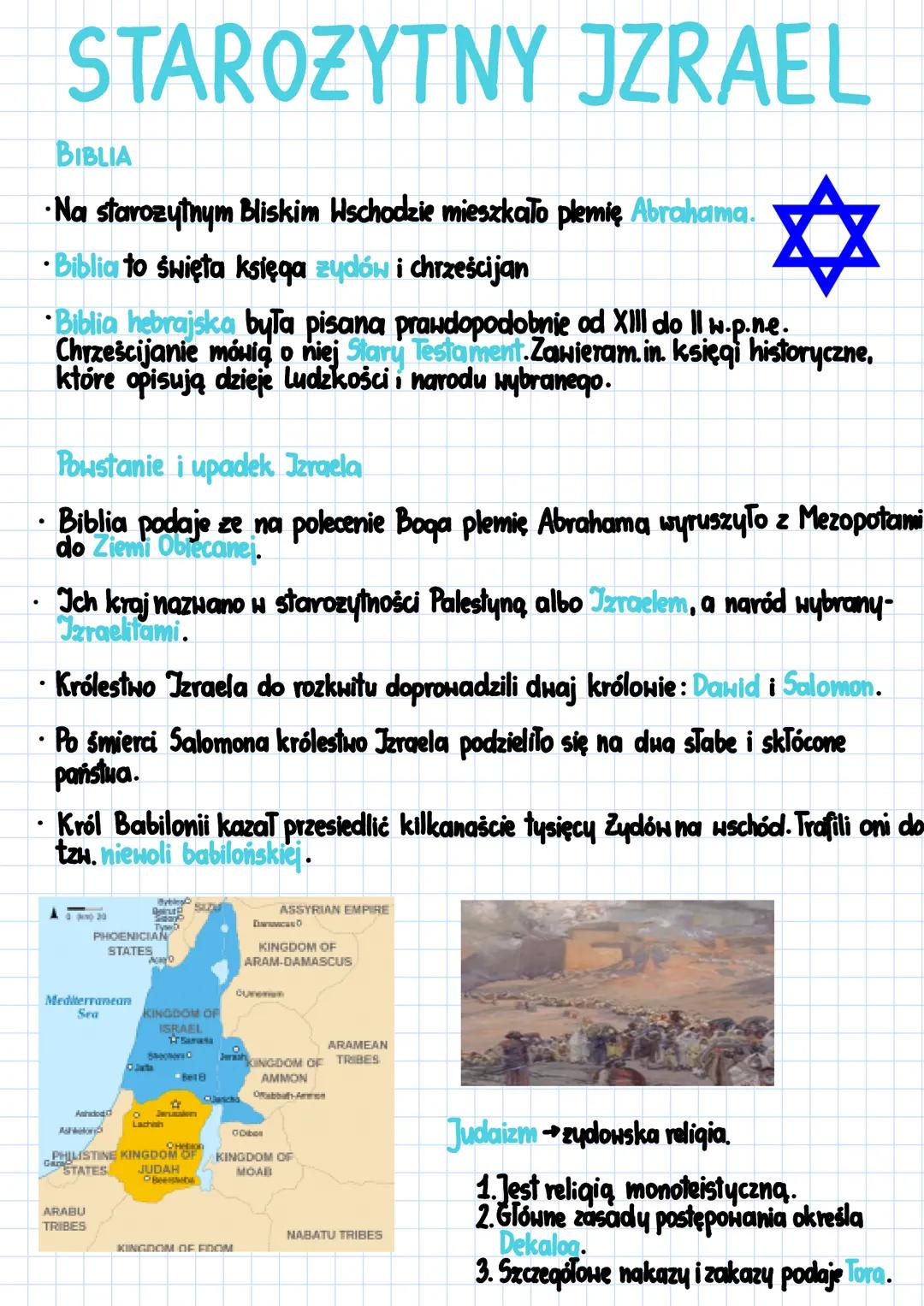 .
●
●
STAROZYTNY JZRAEL
✡
Biblia hebrajska była pisana prawdopodobnie od XIII do II w.p.ne.
Chrześcijanie mówią o niej Stary Testament.Zawie