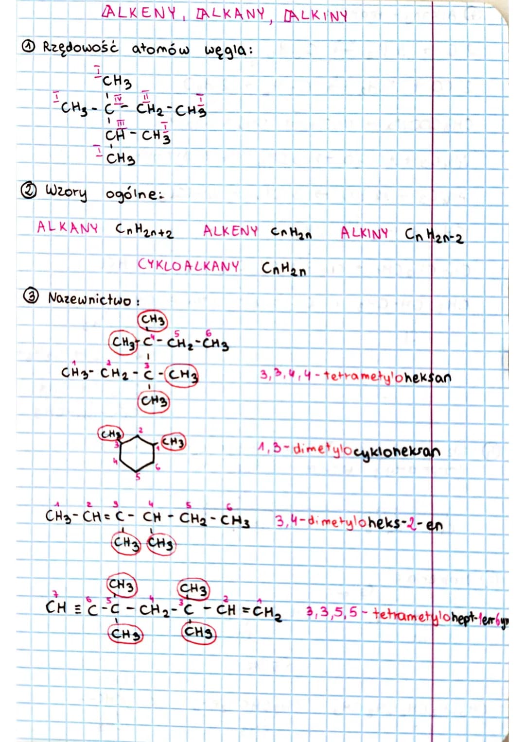 ALKENY, ALKANY, ALKINY
Rzędowość atomów węgla:
-CH3
ㅠ
CH₂ - C² - CH ₂ -CHIS
CH-CH3
+
CH3
Ⓒ Wzory ogólne:
ALKANY CnH₂n+₂
1
J
Nazewnictwo:
CYK