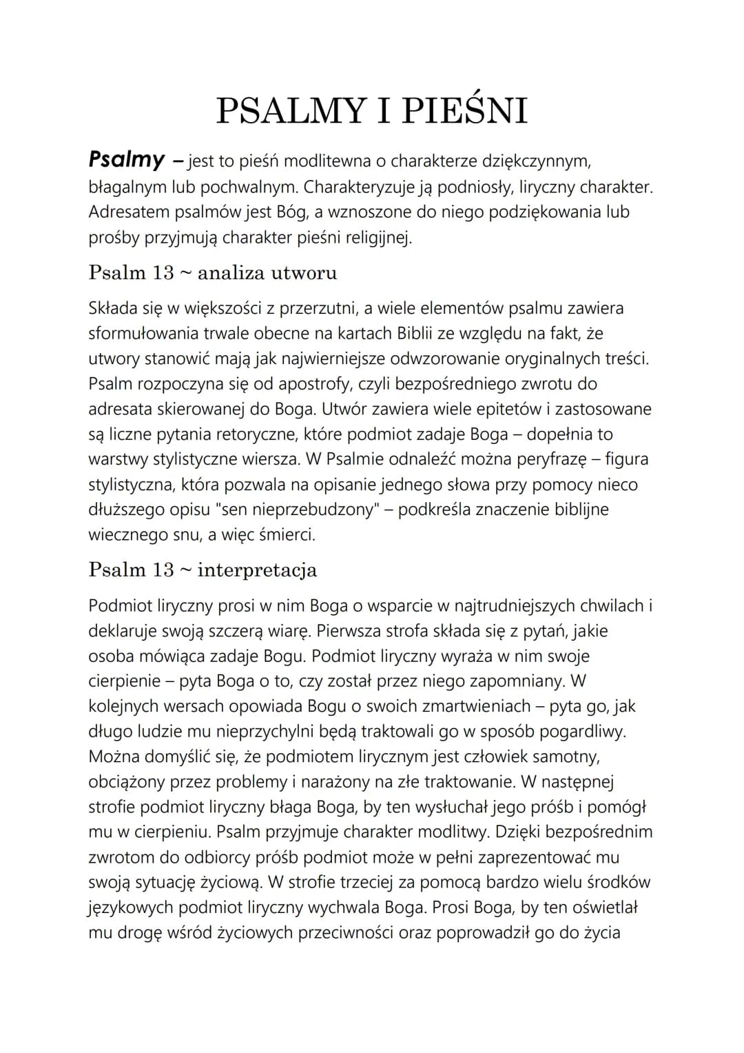 PSALMY I PIEŚNI
Psalmy - jest to pieśń modlitewna o charakterze dziękczynnym,
błagalnym lub pochwalnym. Charakteryzuje ją podniosły, liryczn