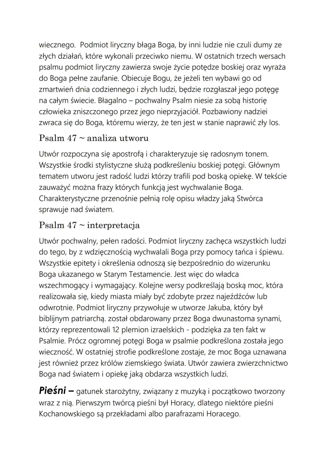 PSALMY I PIEŚNI
Psalmy - jest to pieśń modlitewna o charakterze dziękczynnym,
błagalnym lub pochwalnym. Charakteryzuje ją podniosły, liryczn