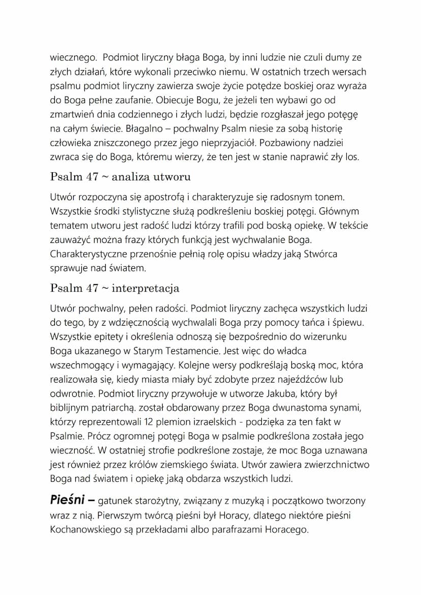 PSALMY I PIEŚNI
Psalmy - jest to pieśń modlitewna o charakterze dziękczynnym,
błagalnym lub pochwalnym. Charakteryzuje ją podniosły, liryczn