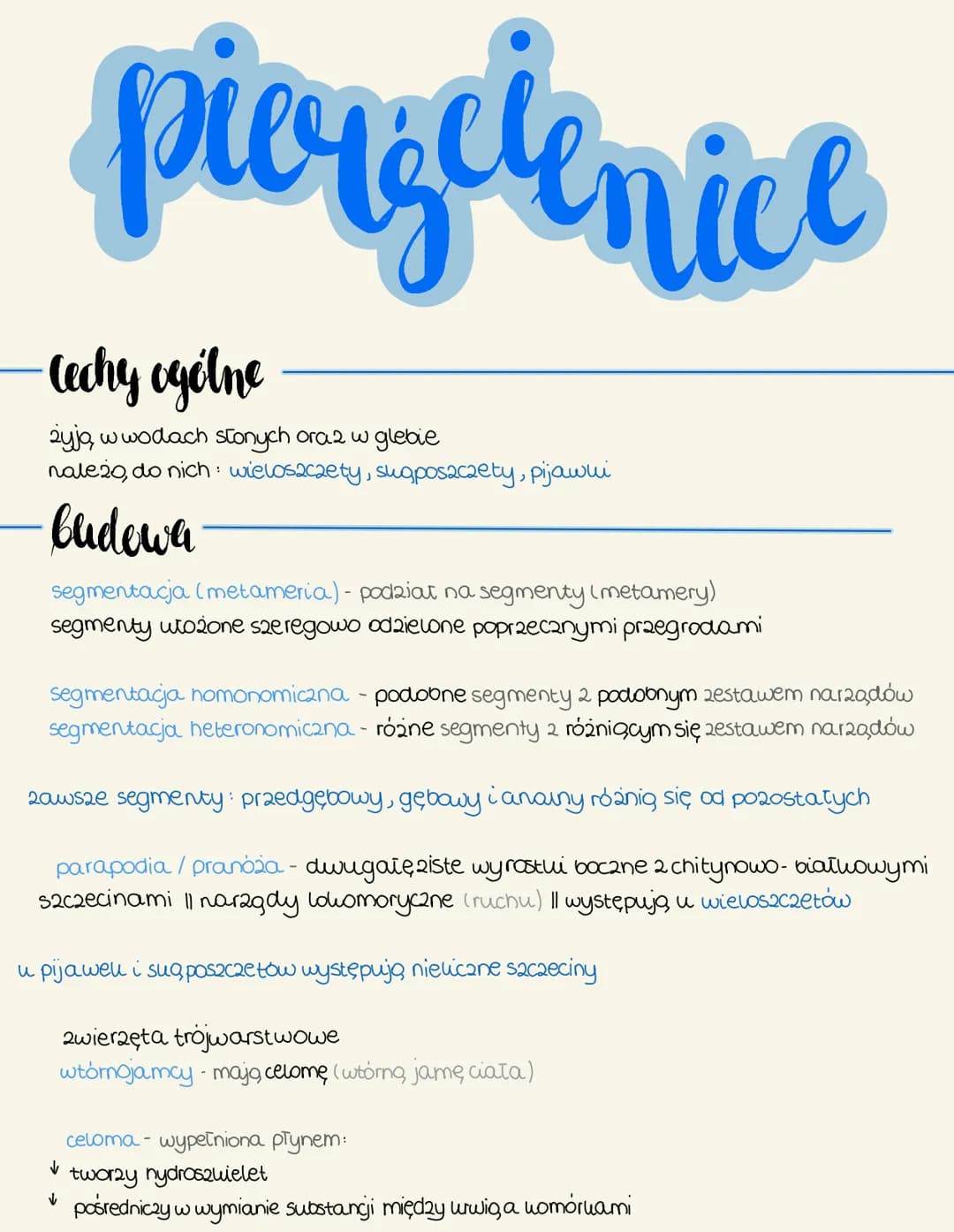 pierzelenice
-Cechy ogólne
żyją w wodach stonych oraz w glebie
nale 20, do nich: wieloszczety, sugposzczety, pijawui
budewa
segmentacja (met