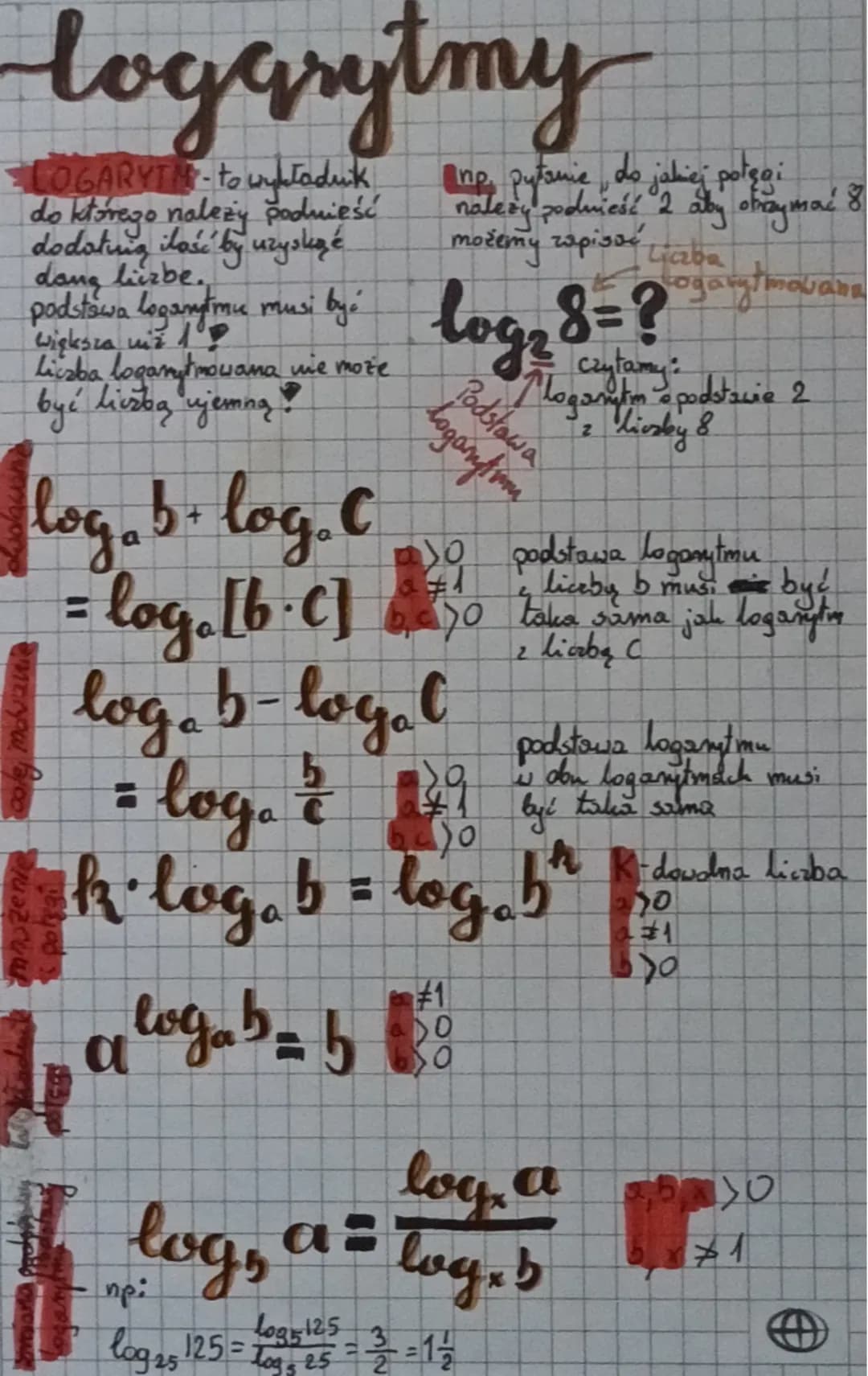 logarytmy
LOGARYTN- to wykładnik
do ktorego należy podnięść
dodating ilość by uzyskąć
dang liczbe.
podstawa loganytmu musi
Większa wiž 1 P
m