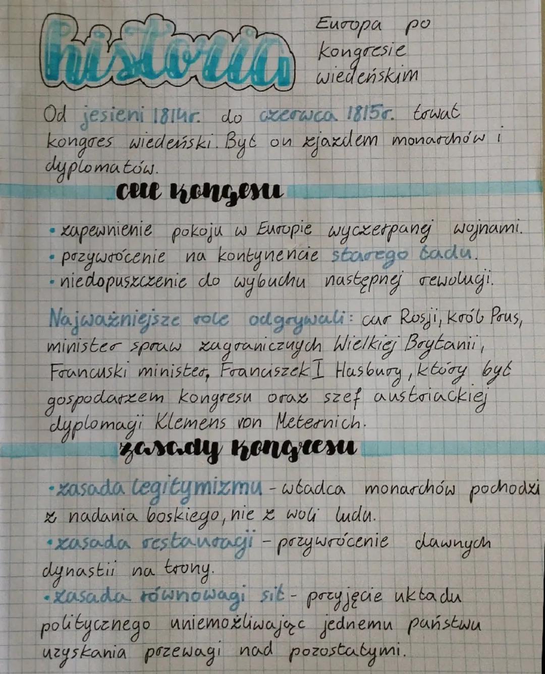 historia
Europa po
kongresie
wiedeńskim

Od jesieni 1814r. do czerwca 18155. towat
kongres wiedeński. Być on zjazdem monarchów i
dyplomatów.
