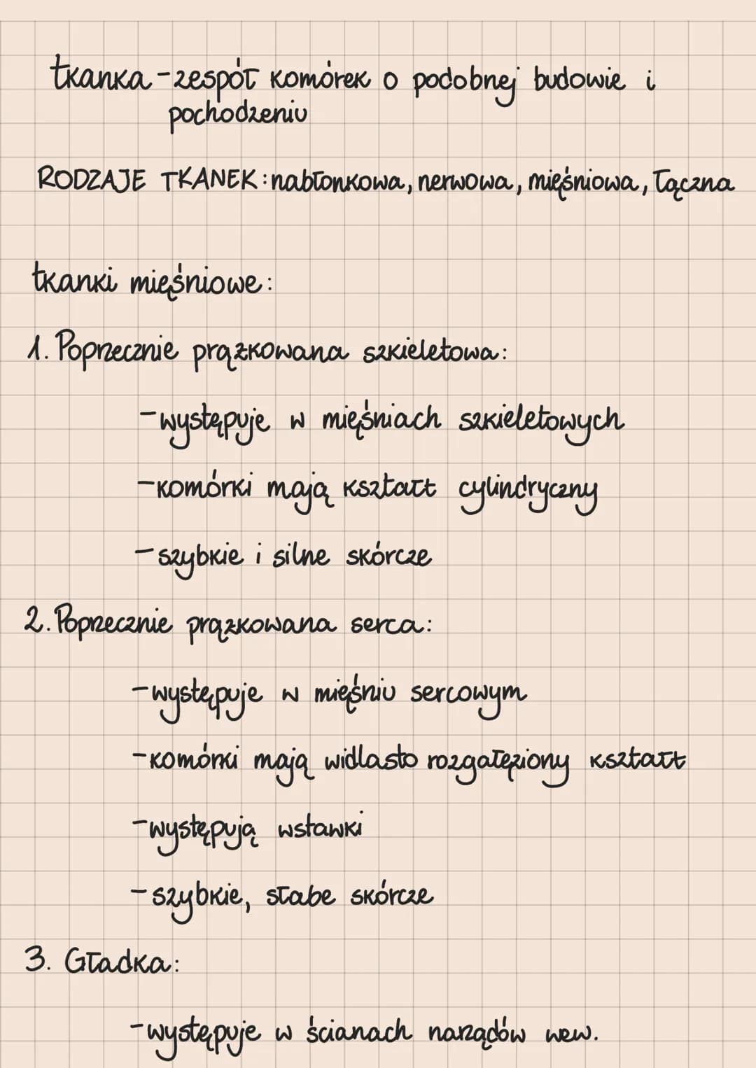 tkanka - zespół komórek o podobnej budowie i
pochodzeniu
RODZAJE TKANEK: nabłonkowa, nerwowa, mięśniowa, łączna
tkanki mięśniowe:
1. Poprzec