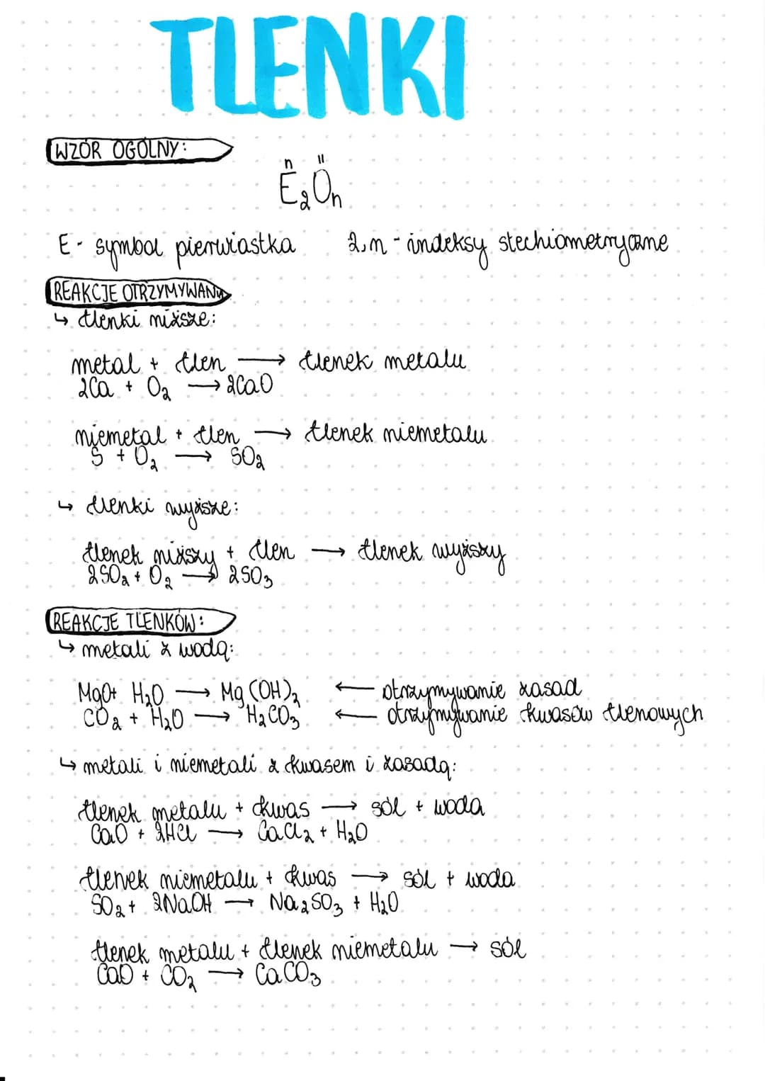 TLENKI
Ê₂ Ön
WZOR OGOLNY:
E- symbol pierwiastka 2. m - indeksy stechiometryczne
REAKCJE OTRZYMYWAN
↳ tlenki mixsze:
metal & then
2Ca + O₂
→2