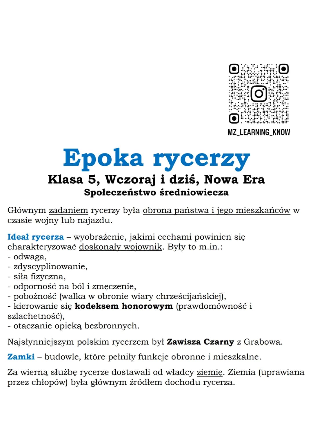 --- OCR Start ---
MZ_LEARNING_KNOW
Epoka rycerzy
Klasa 5, Wczoraj i dziś, Nowa Era
Społeczeństwo średniowiecza
Głównym zadaniem rycerzy była