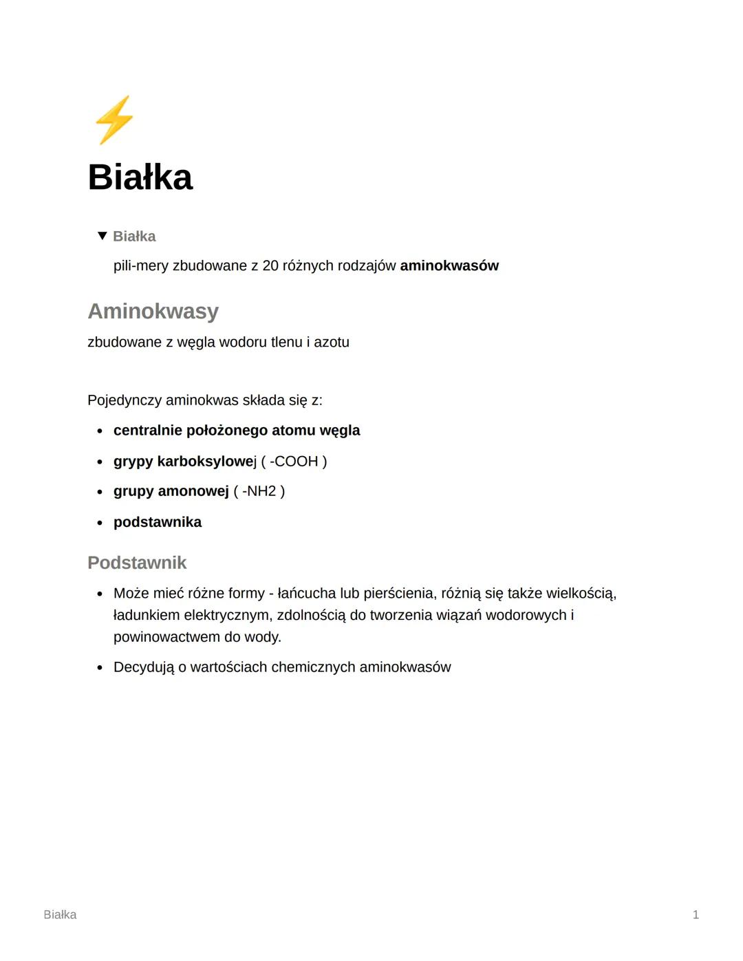 Białka
Białka
Białka
pili-mery zbudowane z 20 różnych rodzajów aminokwasów
Aminokwasy
zbudowane z węgla wodoru tlenu i azotu
Pojedynczy amin