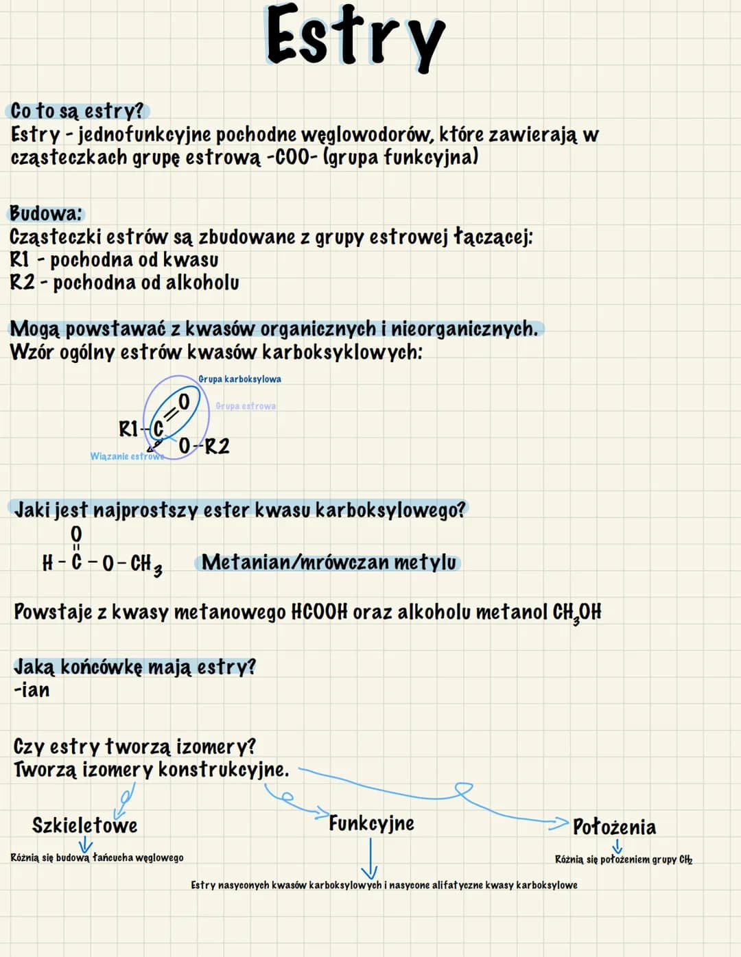 Estry
Co to są estry?
Estry - jednofunkcyjne pochodne węglowodorów, które zawierają w
cząsteczkach grupę estrową -COO- (grupa funkcyjna)
Bud