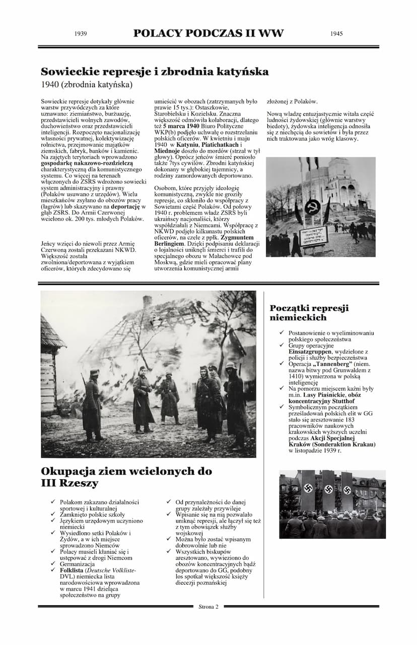 1939
POLACY PODCZAS II
WOJNY ŚWIATOWEJ
Podział ziem polskich
✓ Złamanie konwencji haskiej z
1907r. (zgodnie z nią władze
okupacyjne nie mogą