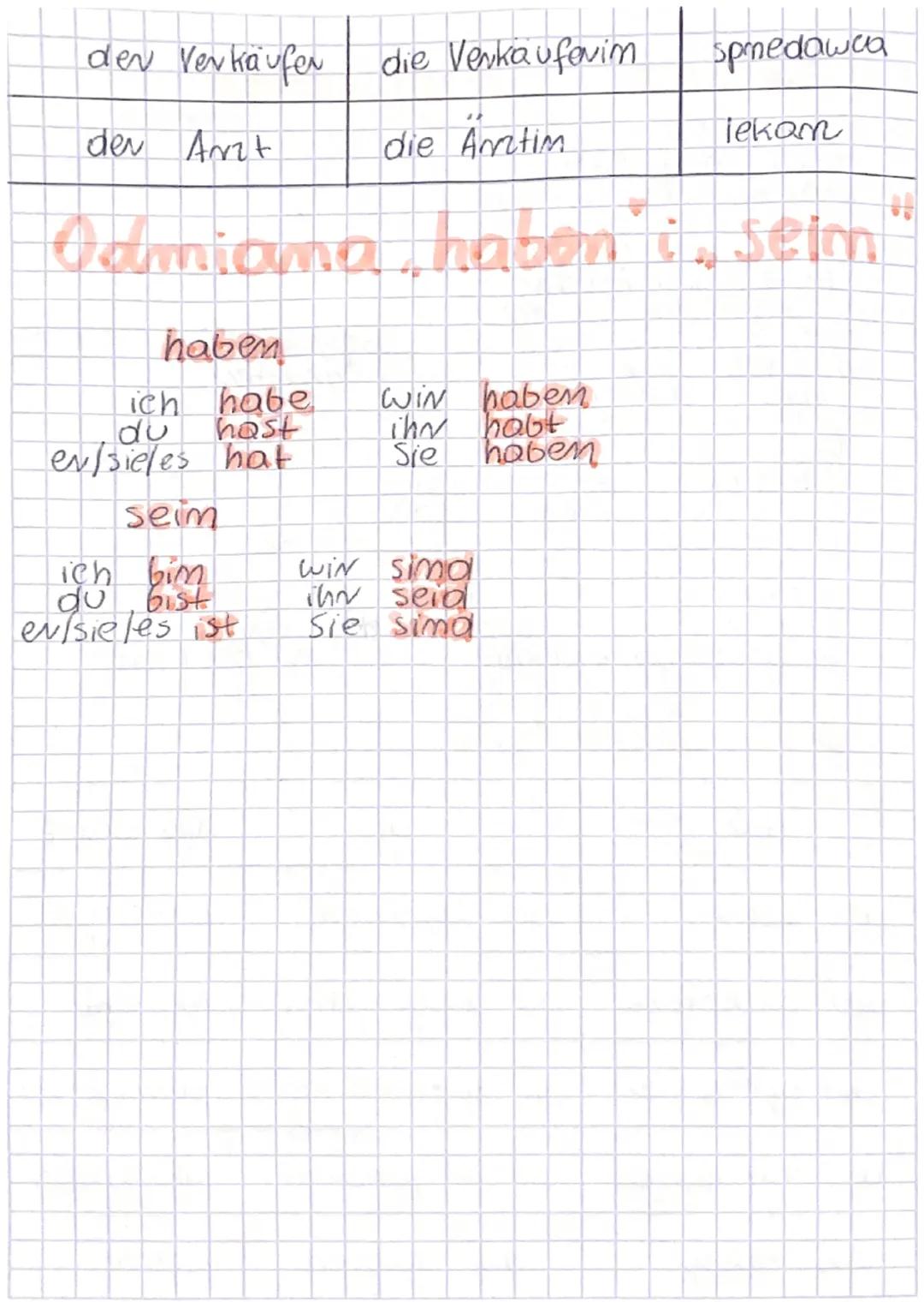 der Verkäufer
der Arzt
Odmiana haboni, seim
haben
ich habe
host
du
er/sie/es hat
seim
ich bim
do
bist
ev/sie/es ist
die Verkaufevim
die Anzt