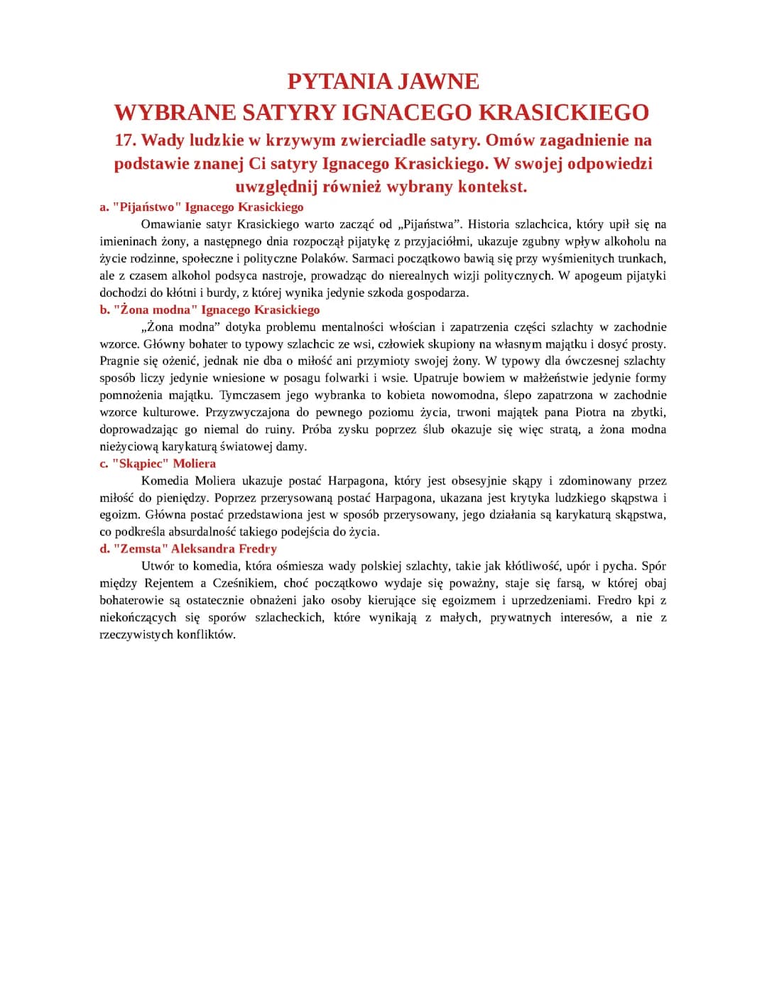 Pytania jawne (wybrane satyry Ignacego Krasickiego)