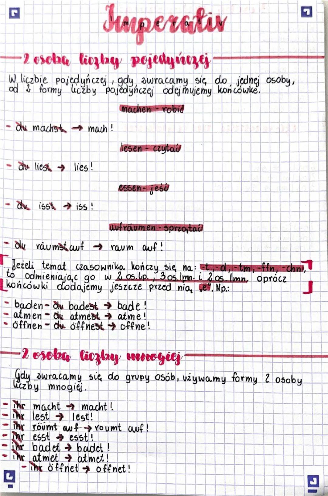 --- Imperativ
- 2 osoba liczby pojedyńczej
W liczbie pojedyńczej, gdy, zwracamy się do jednej osoby,
od 2 formy liczby pojedyńczej odejmujem