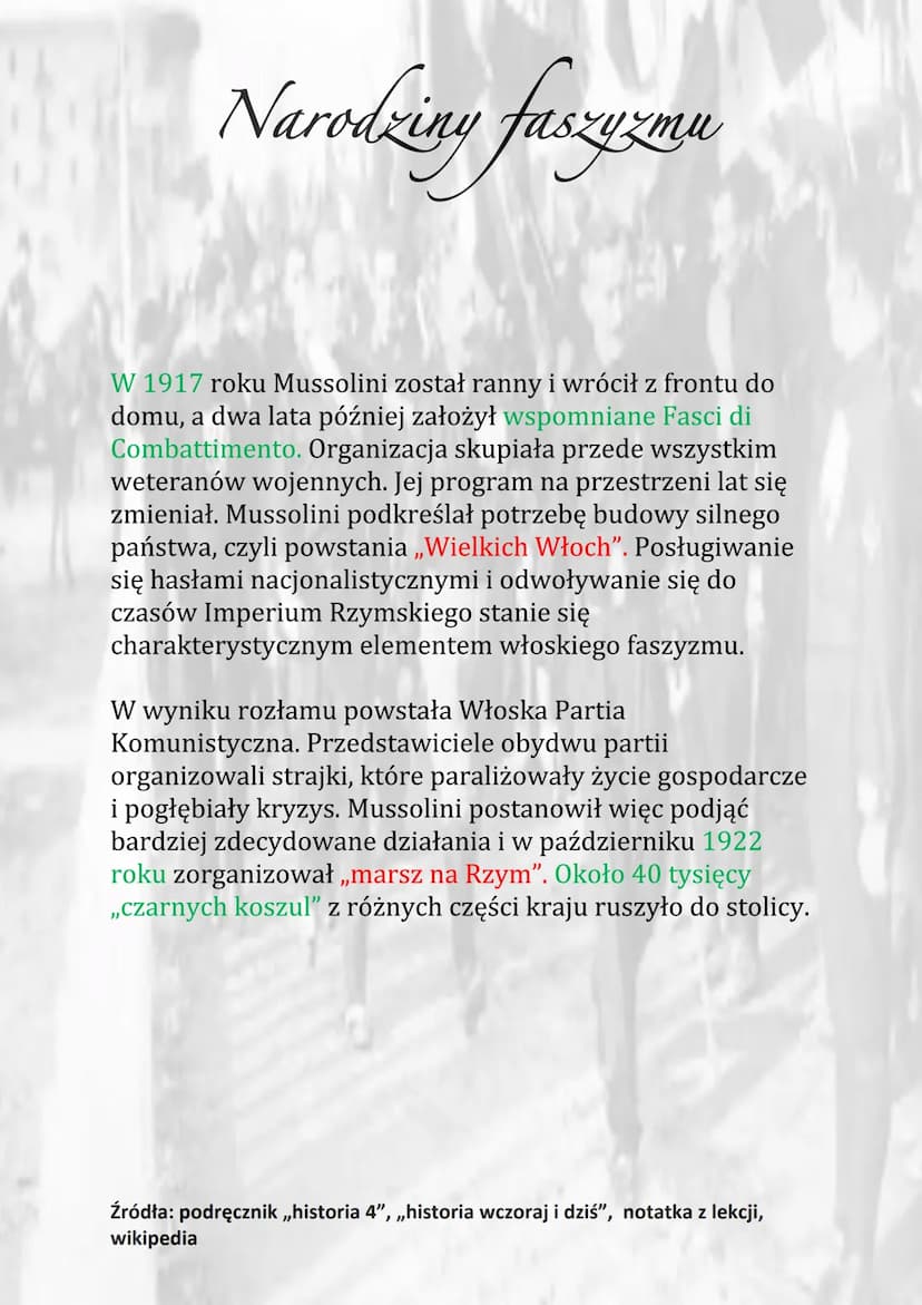 Narodziny faszyzmu
1920 - powstanie NPR
1919 - założenie przez Mussolliniego Fasci di
Combattimento
1919 – zmiana nazwy NPR na Narodowosocja