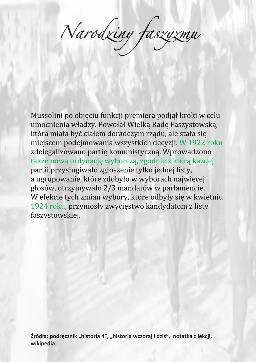 Narodziny faszyzmu
1920 - powstanie NPR
1919 - założenie przez Mussolliniego Fasci di
Combattimento
1919 – zmiana nazwy NPR na Narodowosocja