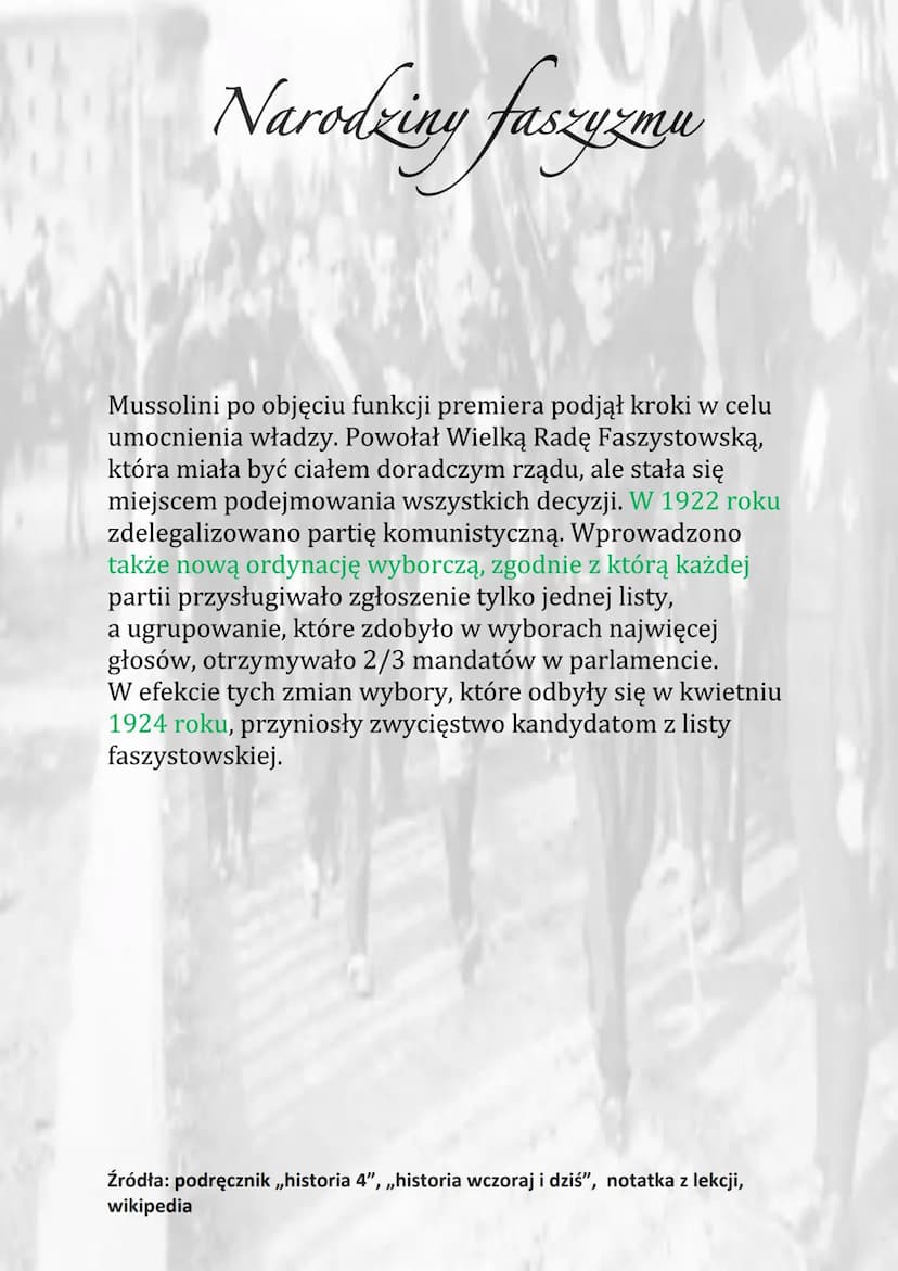 Narodziny faszyzmu
1920 - powstanie NPR
1919 - założenie przez Mussolliniego Fasci di
Combattimento
1919 – zmiana nazwy NPR na Narodowosocja