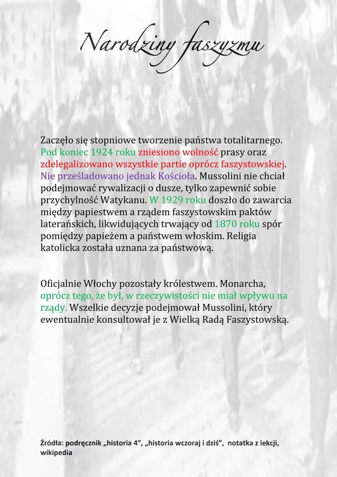 Narodziny faszyzmu
1920 - powstanie NPR
1919 - założenie przez Mussolliniego Fasci di
Combattimento
1919 – zmiana nazwy NPR na Narodowosocja