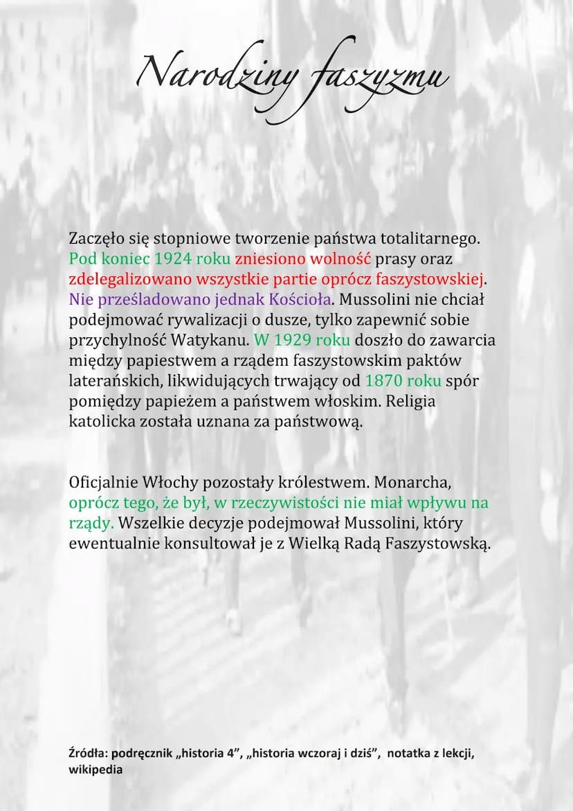 Narodziny faszyzmu
1920 - powstanie NPR
1919 - założenie przez Mussolliniego Fasci di
Combattimento
1919 – zmiana nazwy NPR na Narodowosocja