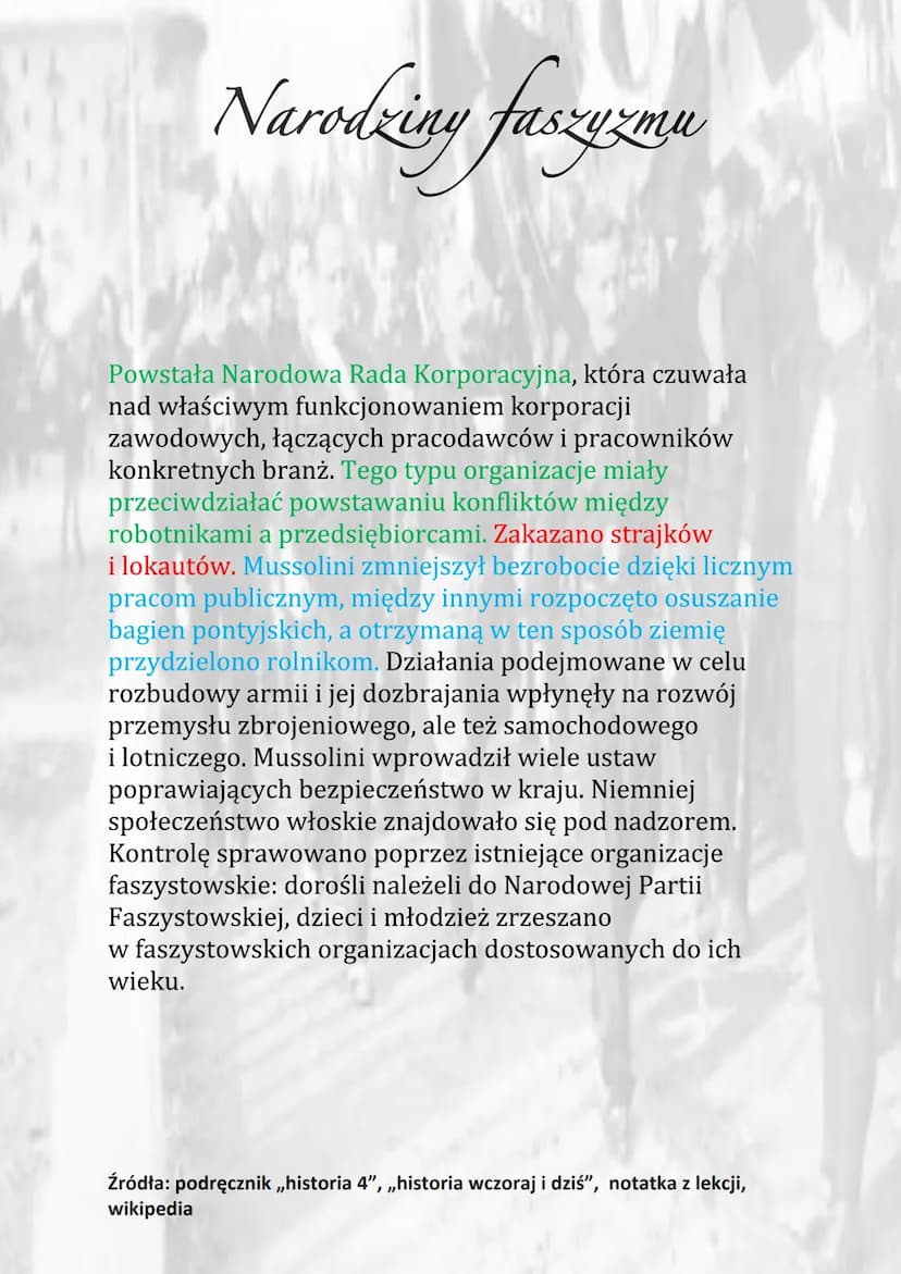 Narodziny faszyzmu
1920 - powstanie NPR
1919 - założenie przez Mussolliniego Fasci di
Combattimento
1919 – zmiana nazwy NPR na Narodowosocja