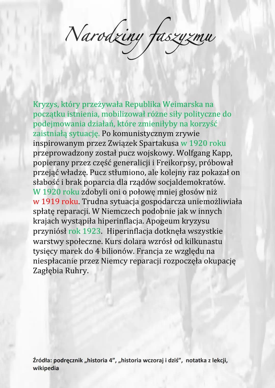 Narodziny faszyzmu
1920 - powstanie NPR
1919 - założenie przez Mussolliniego Fasci di
Combattimento
1919 – zmiana nazwy NPR na Narodowosocja