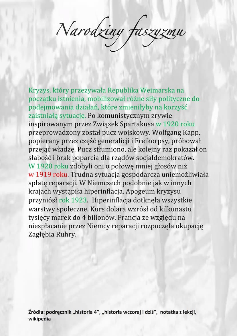 Narodziny faszyzmu
1920 - powstanie NPR
1919 - założenie przez Mussolliniego Fasci di
Combattimento
1919 – zmiana nazwy NPR na Narodowosocja