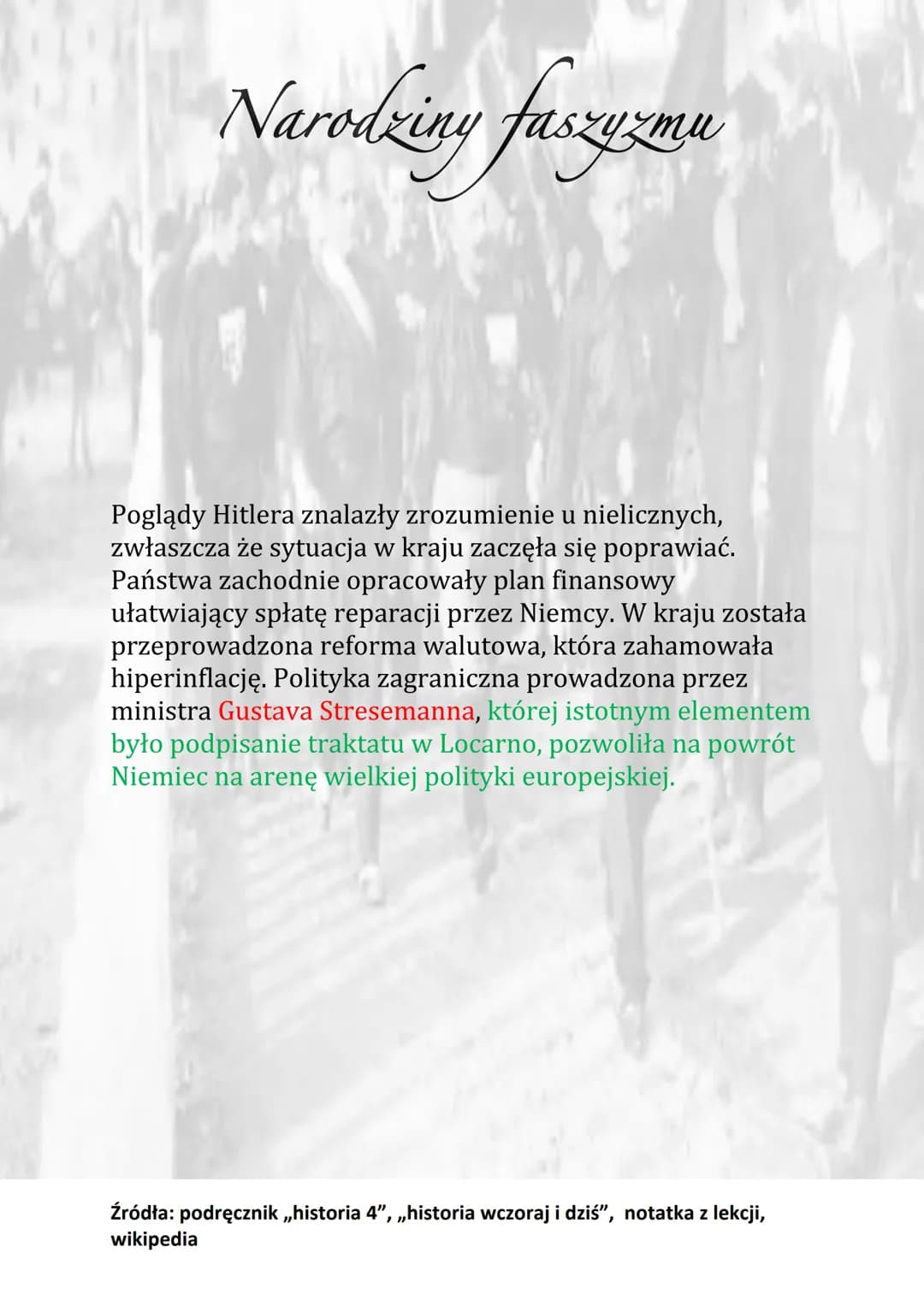 Narodziny faszyzmu
1920 - powstanie NPR
1919 - założenie przez Mussolliniego Fasci di
Combattimento
1919 – zmiana nazwy NPR na Narodowosocja