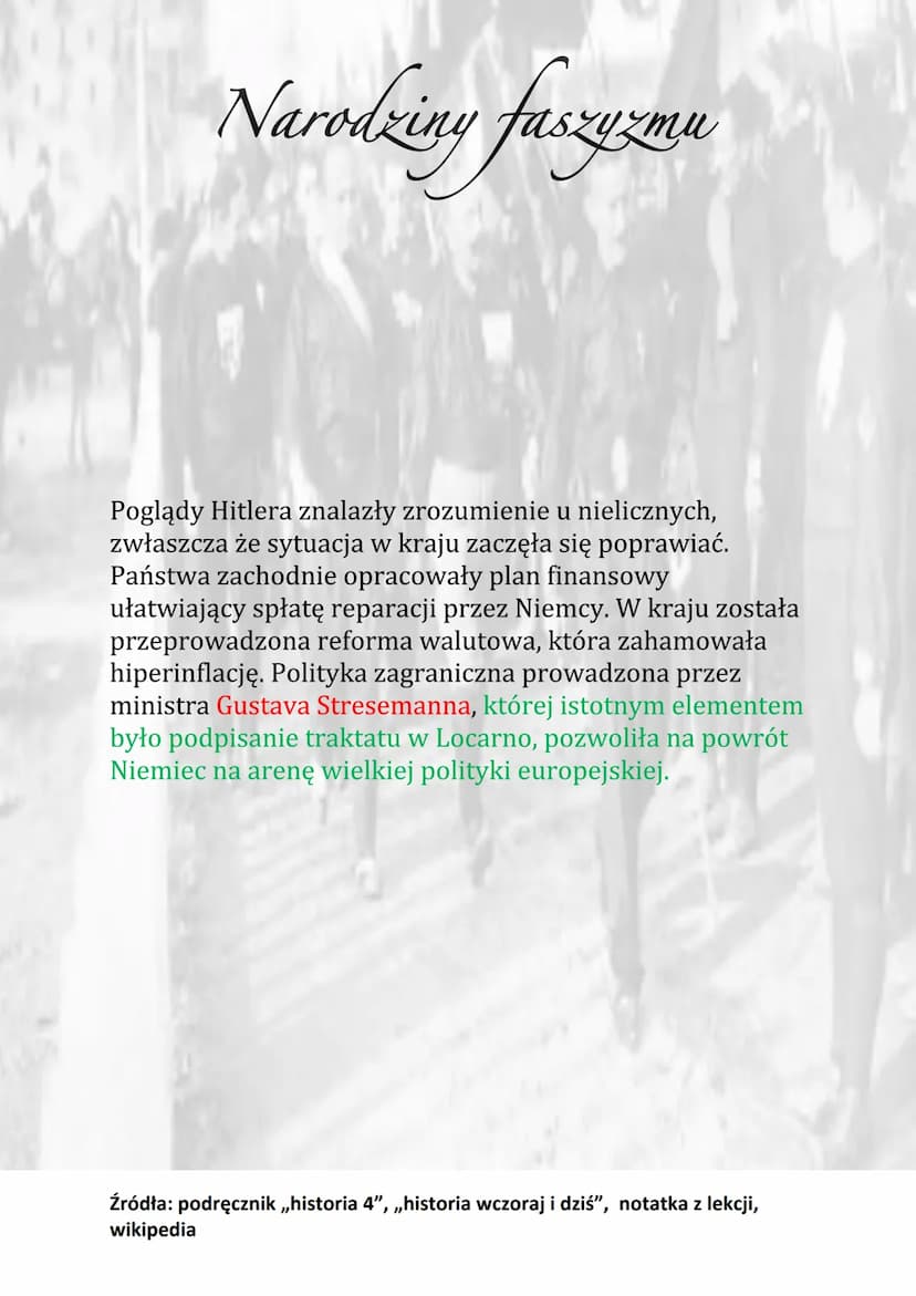 Narodziny faszyzmu
1920 - powstanie NPR
1919 - założenie przez Mussolliniego Fasci di
Combattimento
1919 – zmiana nazwy NPR na Narodowosocja