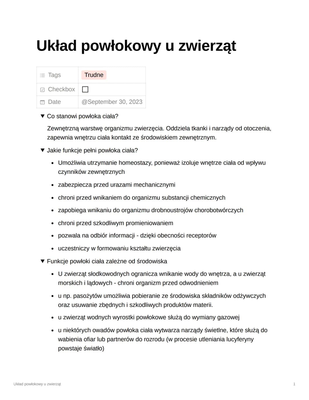 Układ powłokowy u zwierząt
Tags
Checkbox
Date
▼ Co stanowi powłoka ciała?
Zewnętrzną warstwę organizmu zwierzęcia. Oddziela tkanki i narządy