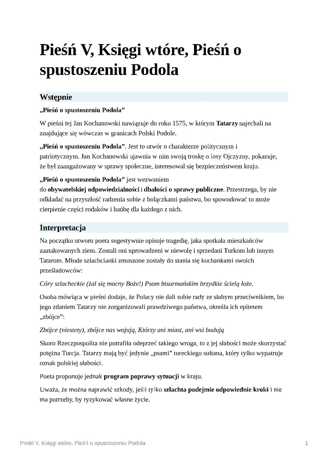 Pieśń o spustoszeniu Podola - streszczenie, tekst, interpretacja każdej zwrotki