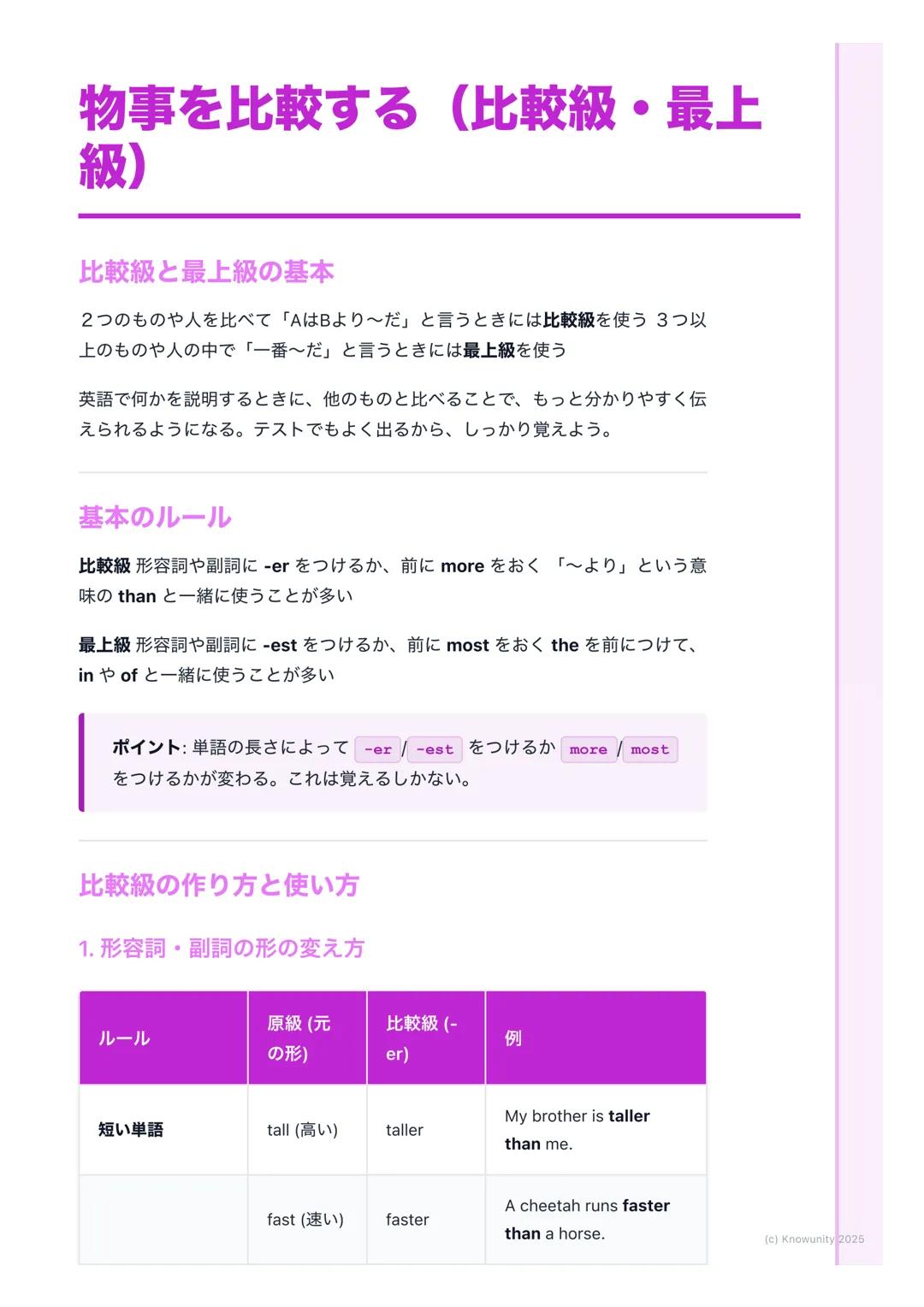 物事を比較する(比較級・最上
級)

比較級と最上級の基本
2つのものや人を比べて「AはBより~だ」と言うときには比較級を使う3つ以
上のものや人の中で「一番〜だ」と言うときには最上級を使う
英語で何かを説明するときに、他のものと比べることで、もっと分かりやすく伝
えられるように