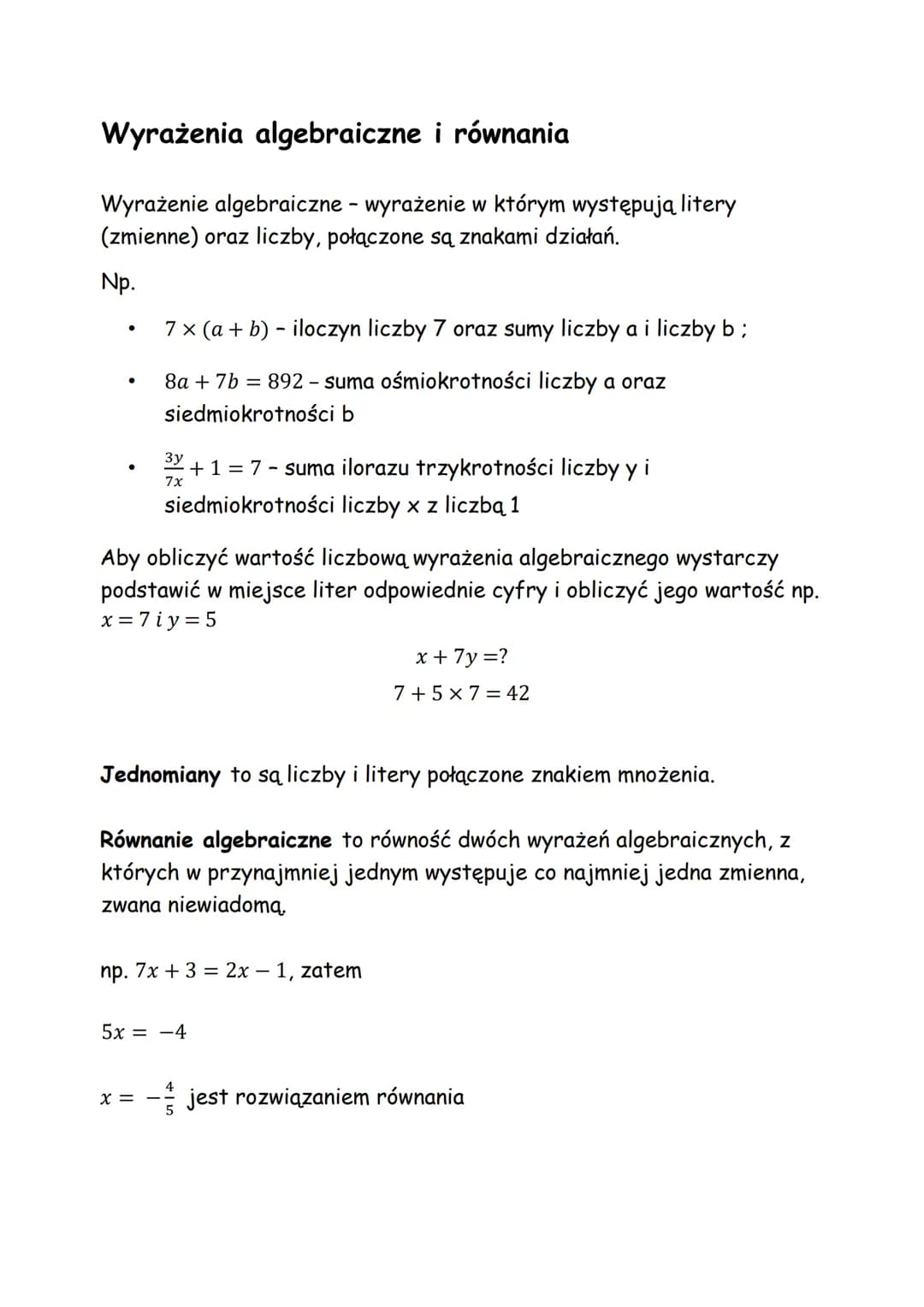 Wyrażenia algebraiczne i równania
Wyrażenie algebraiczne - wyrażenie w którym występują litery
(zmienne) oraz liczby, połączone są znakami d