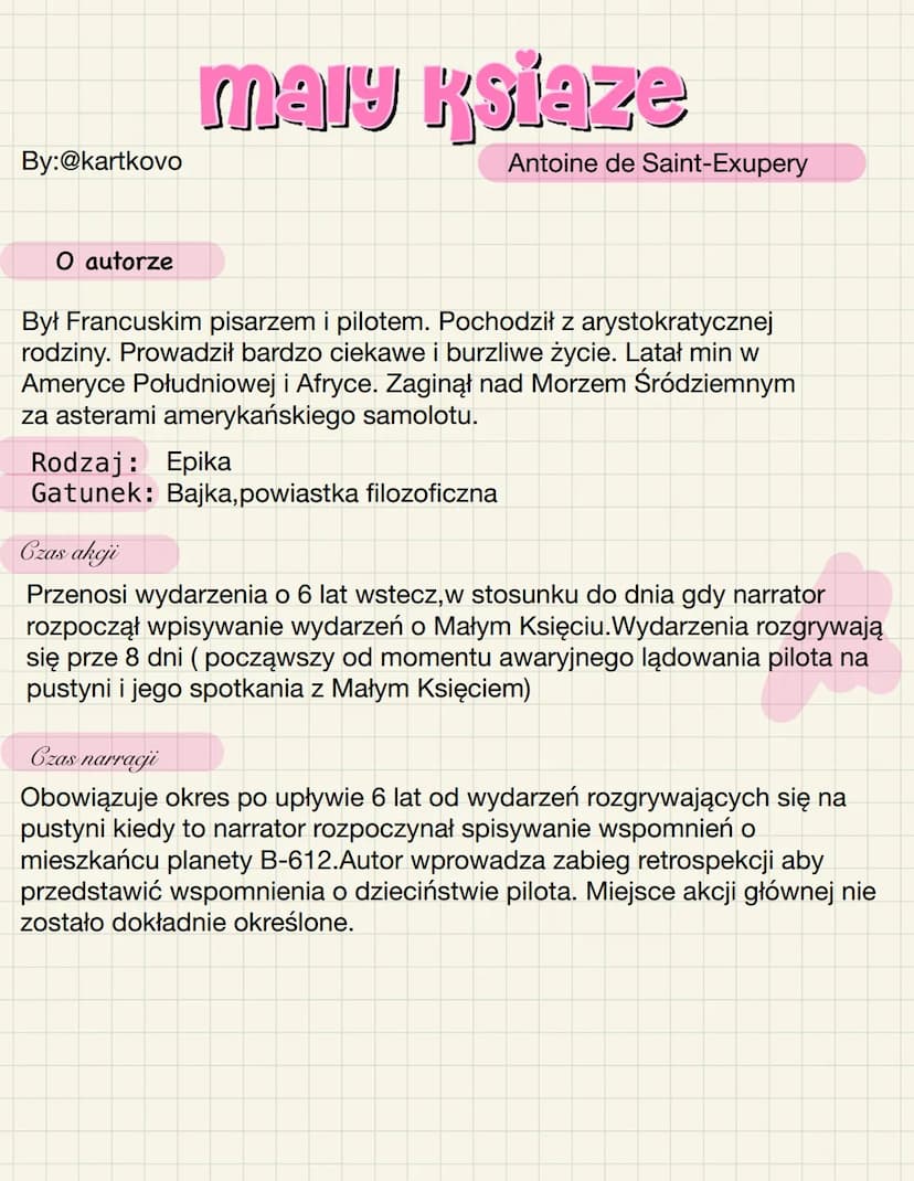 By:@kartkovo
O autorze
maly ksiaze
Antoine de Saint-Exupery
Był Francuskim pisarzem i pilotem. Pochodził z arystokratycznej
rodziny. Prowadz