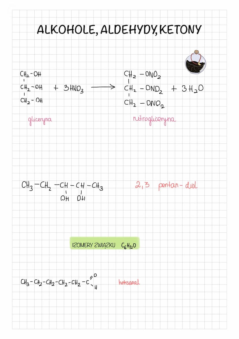 ALKOHOLE, ALDEHYDY, KETONY
CH₂-OH
CH₂-OH
I
CH₂-OH
gliceryna
+ 3 HNO3
CH3-CH, CH -CH-CH3
1
1
PH DH
CH3-CH2-CH2-CH2-CH2
20
IZOMERY ZWIĄZKU C6H