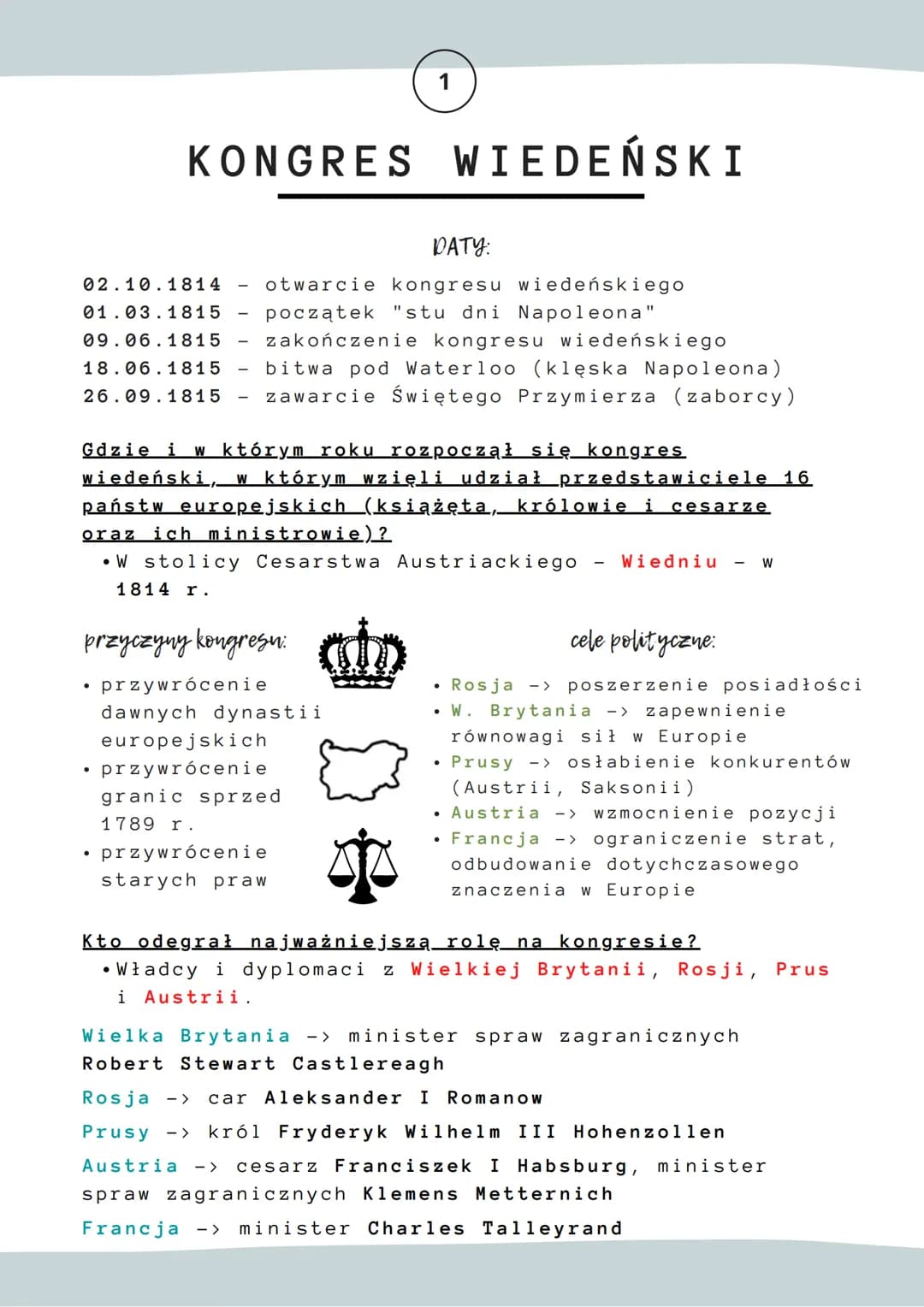 DATY:
02.10.1814 otwarcie kongresu wiedeńskiego
01.03.1815 początek "stu dni Napoleona"
09.06.1815 zakończenie kongresu wiedeńskiego
18.06.1