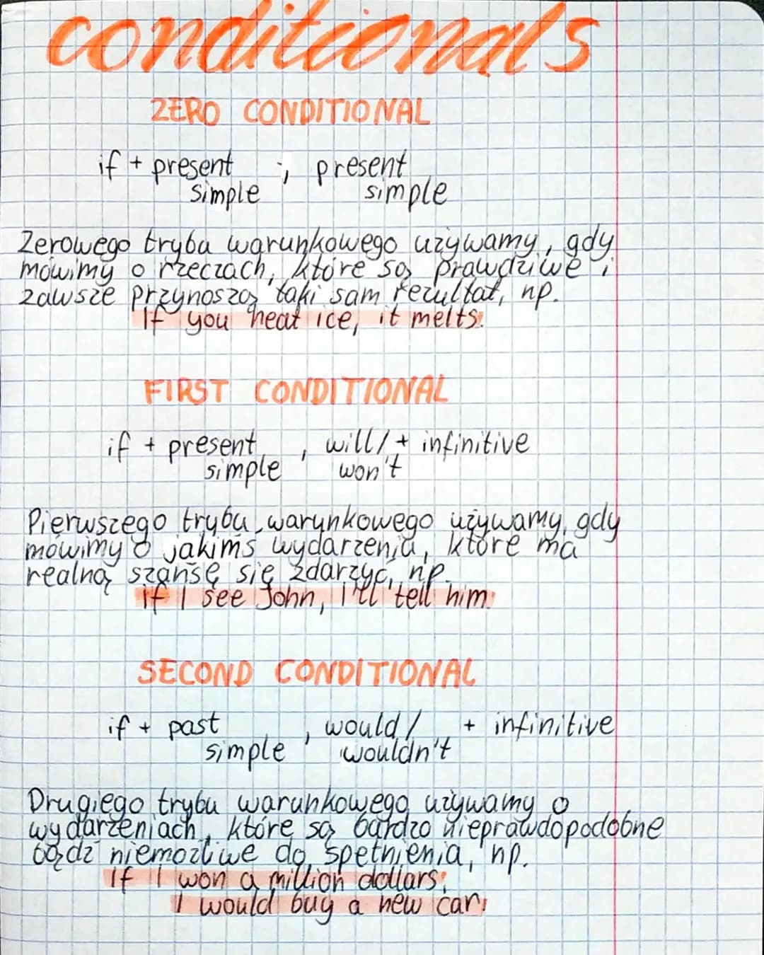 conditionals
ZERO CONDITIONAL
if + present
Simple
Zerowego trybu warunkowego używamy, gdy
mówimy o rzeczach, które so prawdziwe
zawsze przyn