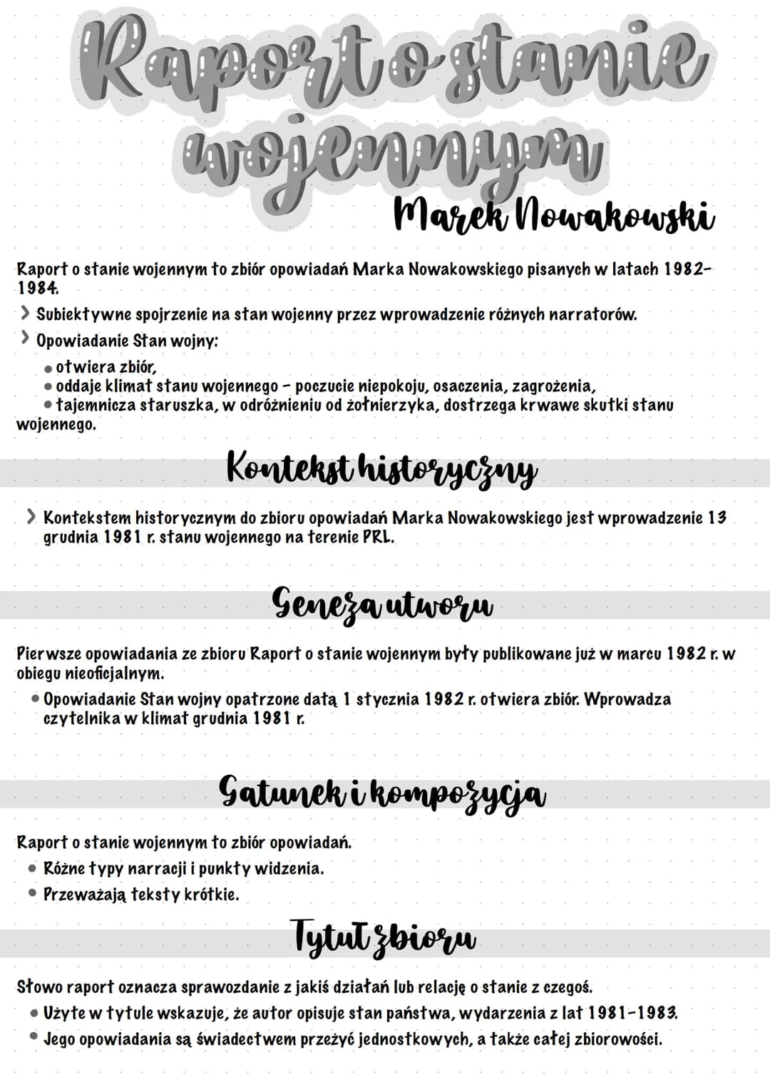 Raporto stanie
wojennym
Marek Nowakowski
Raport o stanie wojennym to zbiór opowiadań Marka Nowakowskiego pisanych w latach 1982-
1984.
> Sub