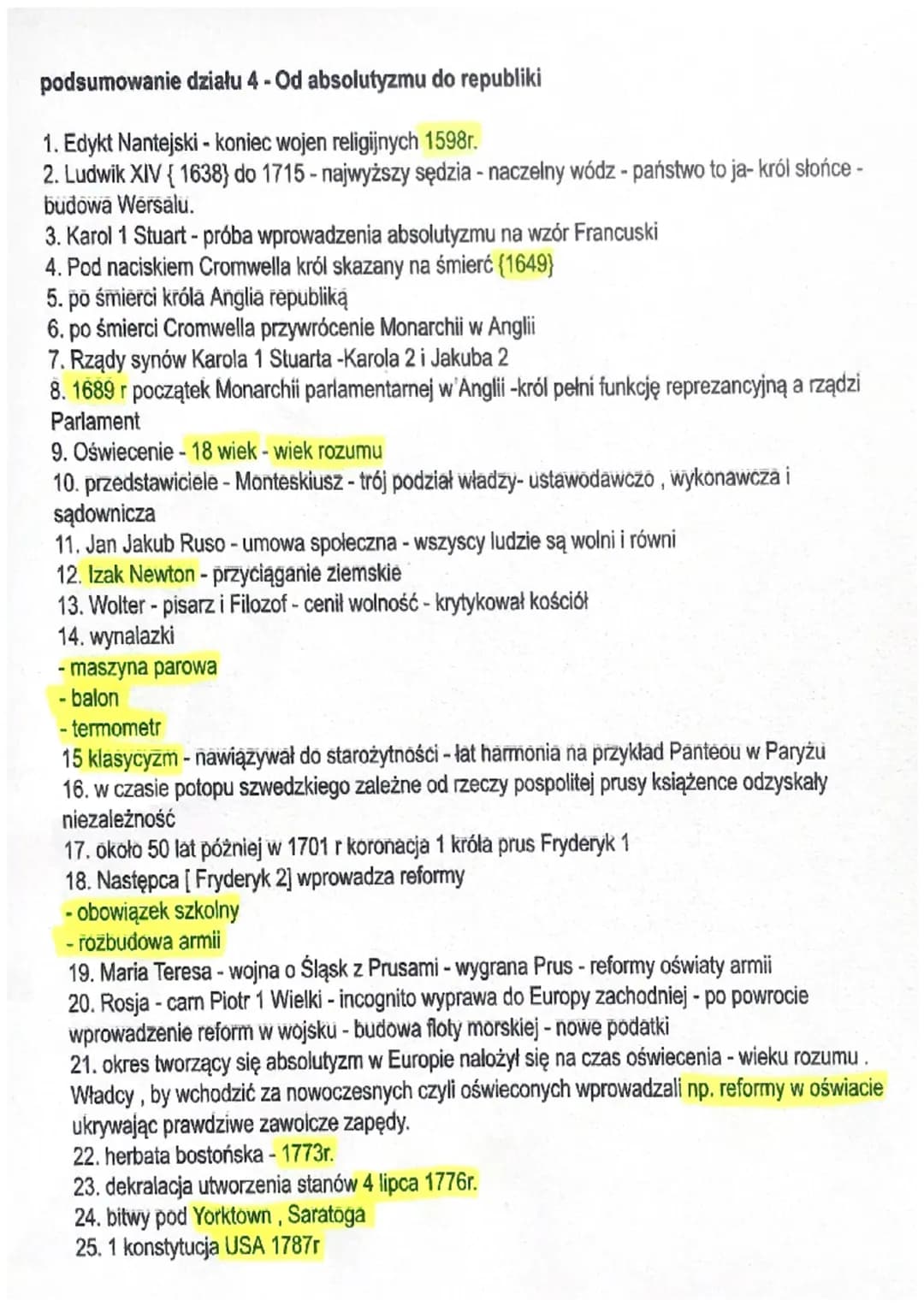 podsumowanie działu 4 - Od absolutyzmu do republiki
1. Edykt Nantejski - koniec wojen religijnych 1598r.
2. Ludwik XIV (1638) do 1715 - najw