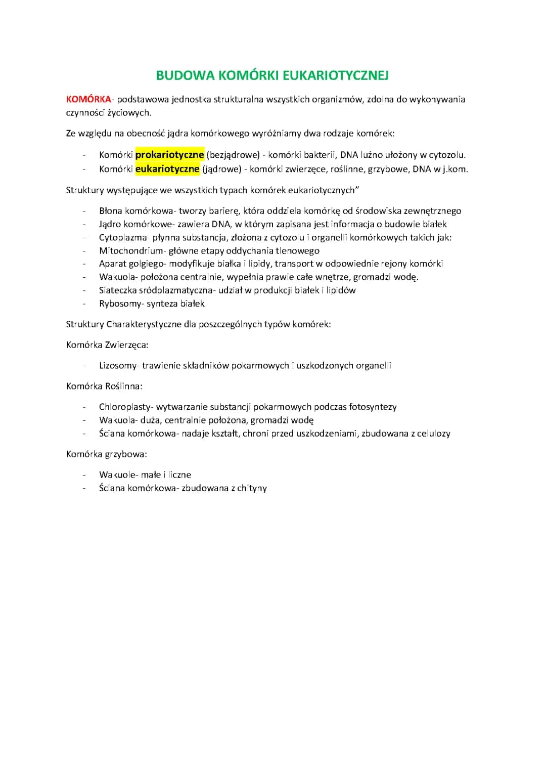 Biologia - Budowa komórki eukariotycznej