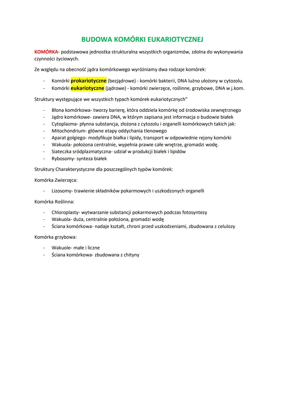 BUDOWA KOMÓRKI EUKARIOTYCZNEJ
KOMÓRKA- podstawowa jednostka strukturalna wszystkich organizmów, zdolna do wykonywania
czynności życiowych.
Z