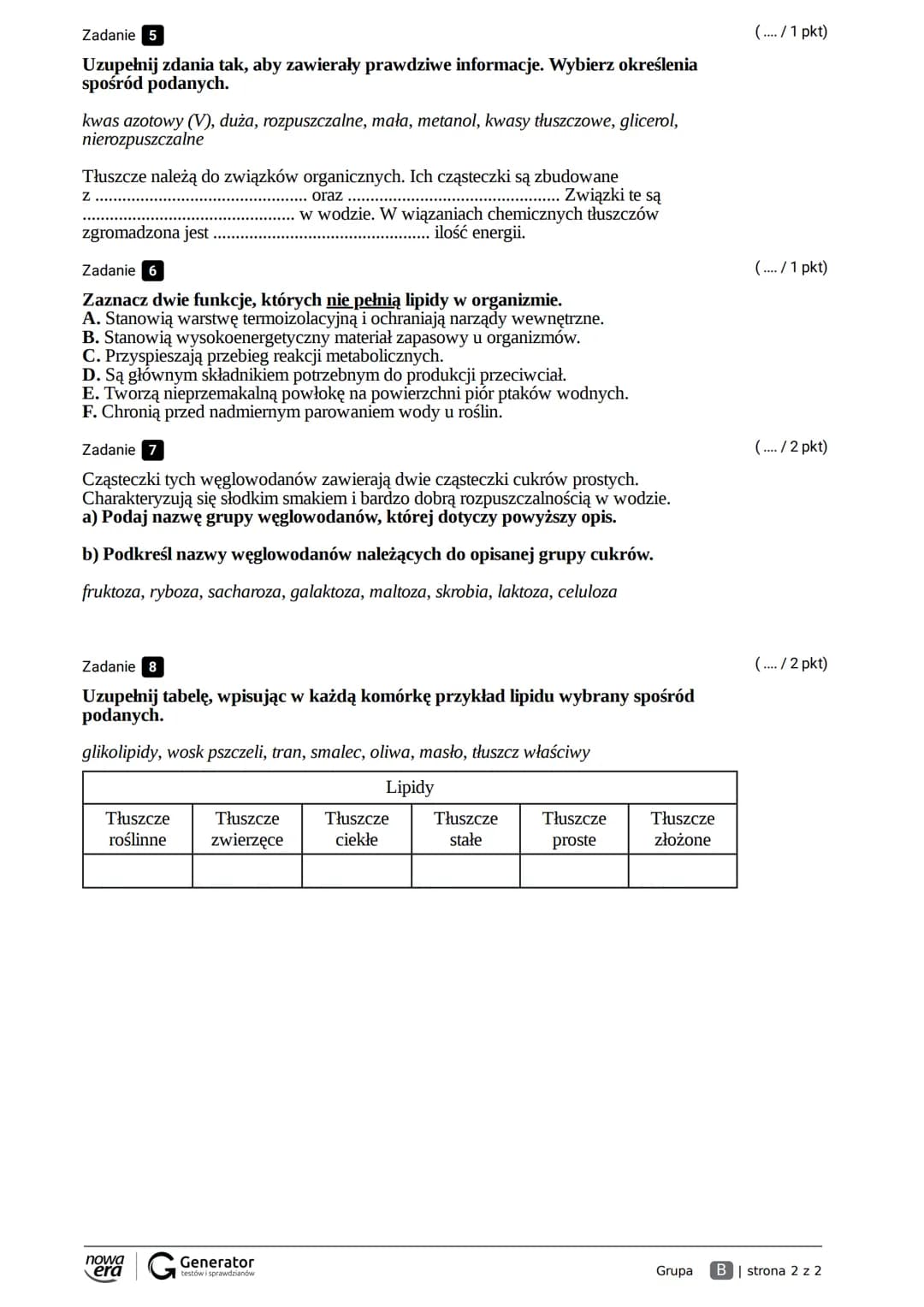 Grupa A
Imię i nazwisko
Klasa
Zadanie 1
Przyporządkuj białkom (1–6) funkcje biologiczne (A-G), jakie pełnią w organizmie.
A. Uczestniczy w p