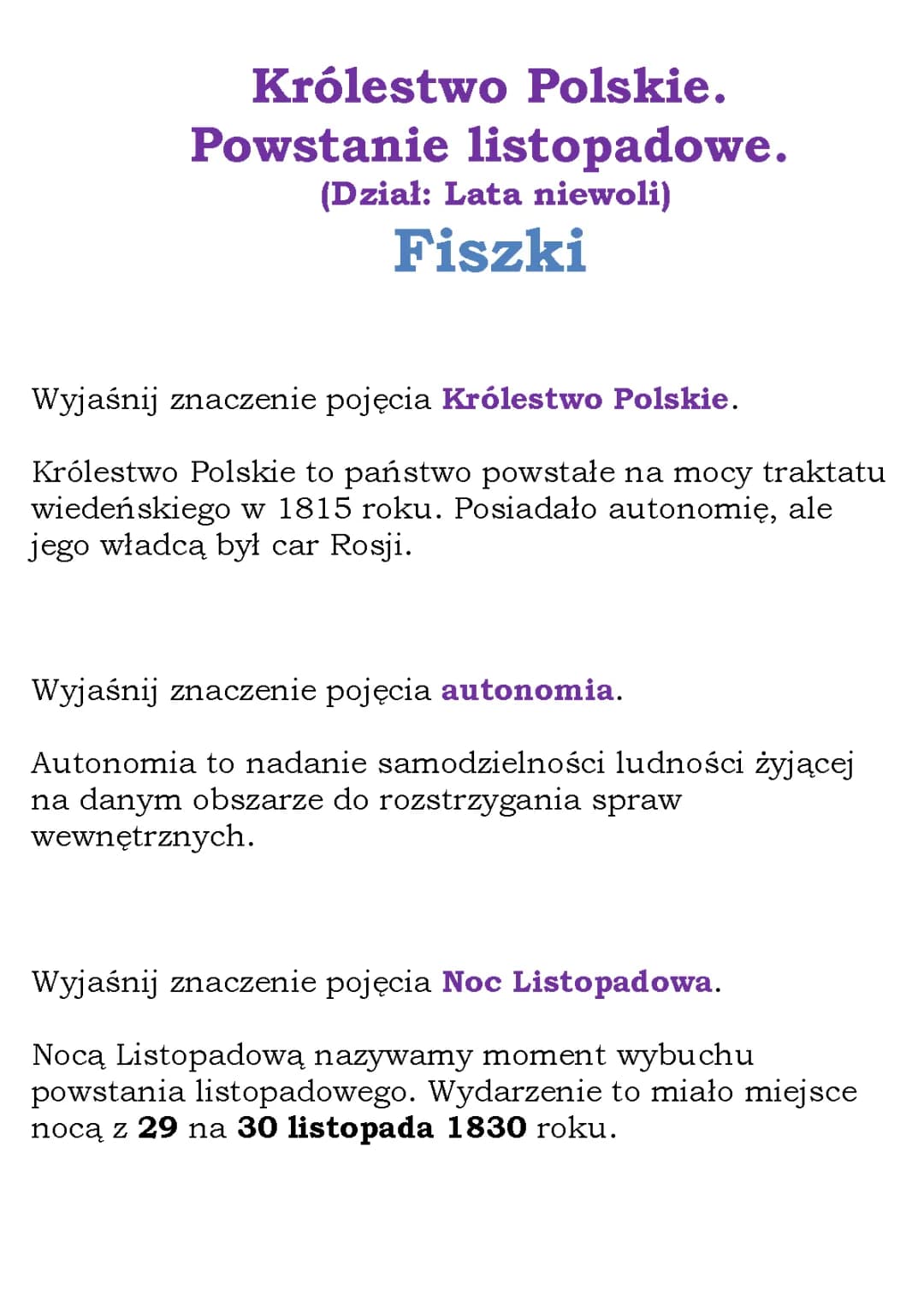 Królestwo Polskie 1815-30: Powstanie Listopadowe, Przyczyny, Przebieg, Skutki, Emilia Plater