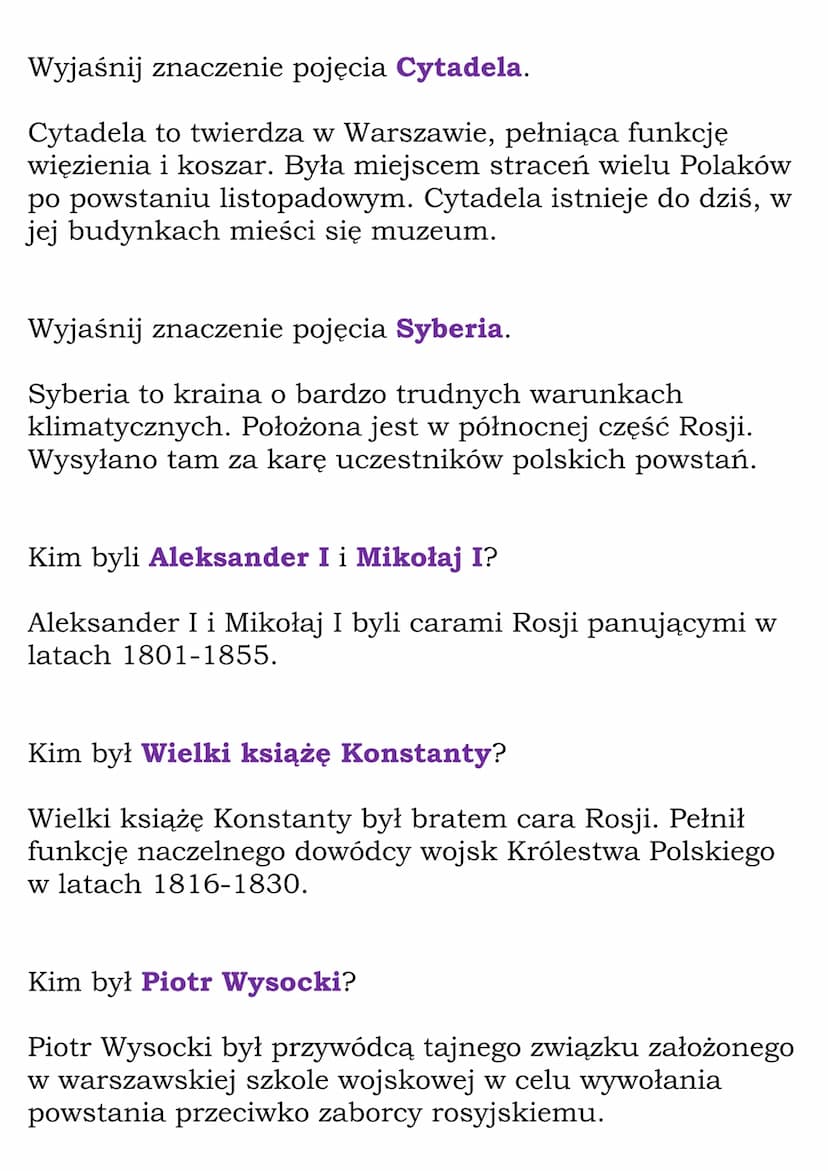 Królestwo Polskie.
Powstanie listopadowe.
(Dział: Lata niewoli)
Fiszki
Wyjaśnij znaczenie pojęcia Królestwo Polskie.
Królestwo Polskie to pa