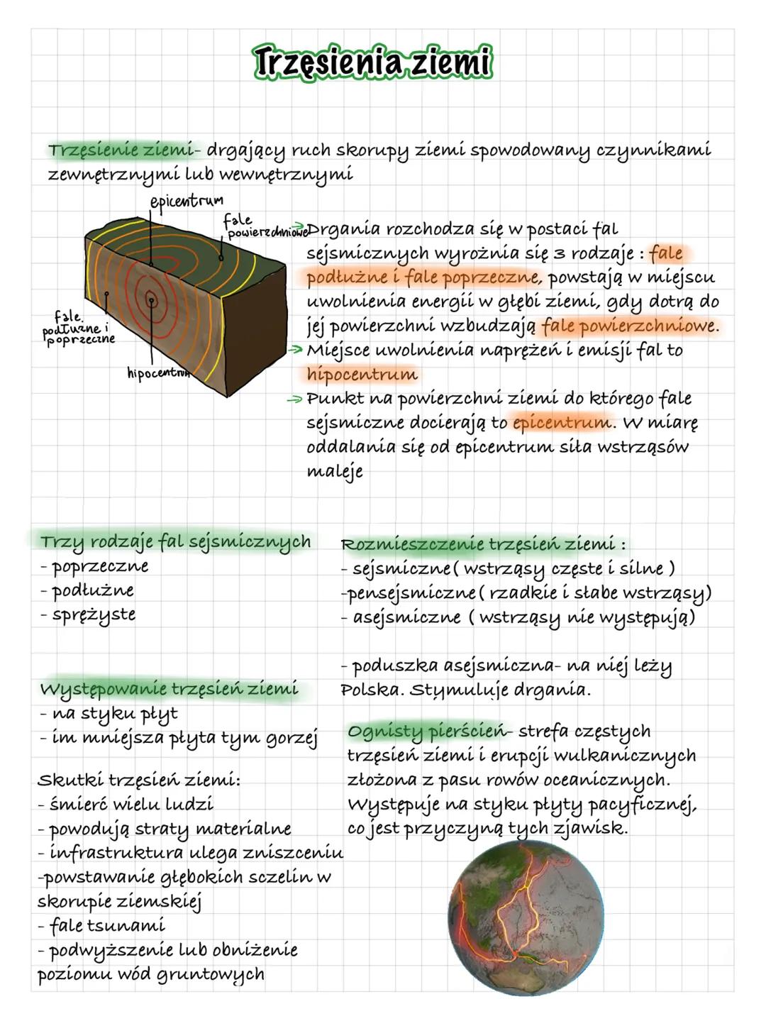 Trzęsienie ziemi-drgający ruch skorupy ziemi spowodowany czynnikami
zewnętrznymi lub wewnętrznymi
epicentrum
fale.
podłużne i
poprzeczne
Trz