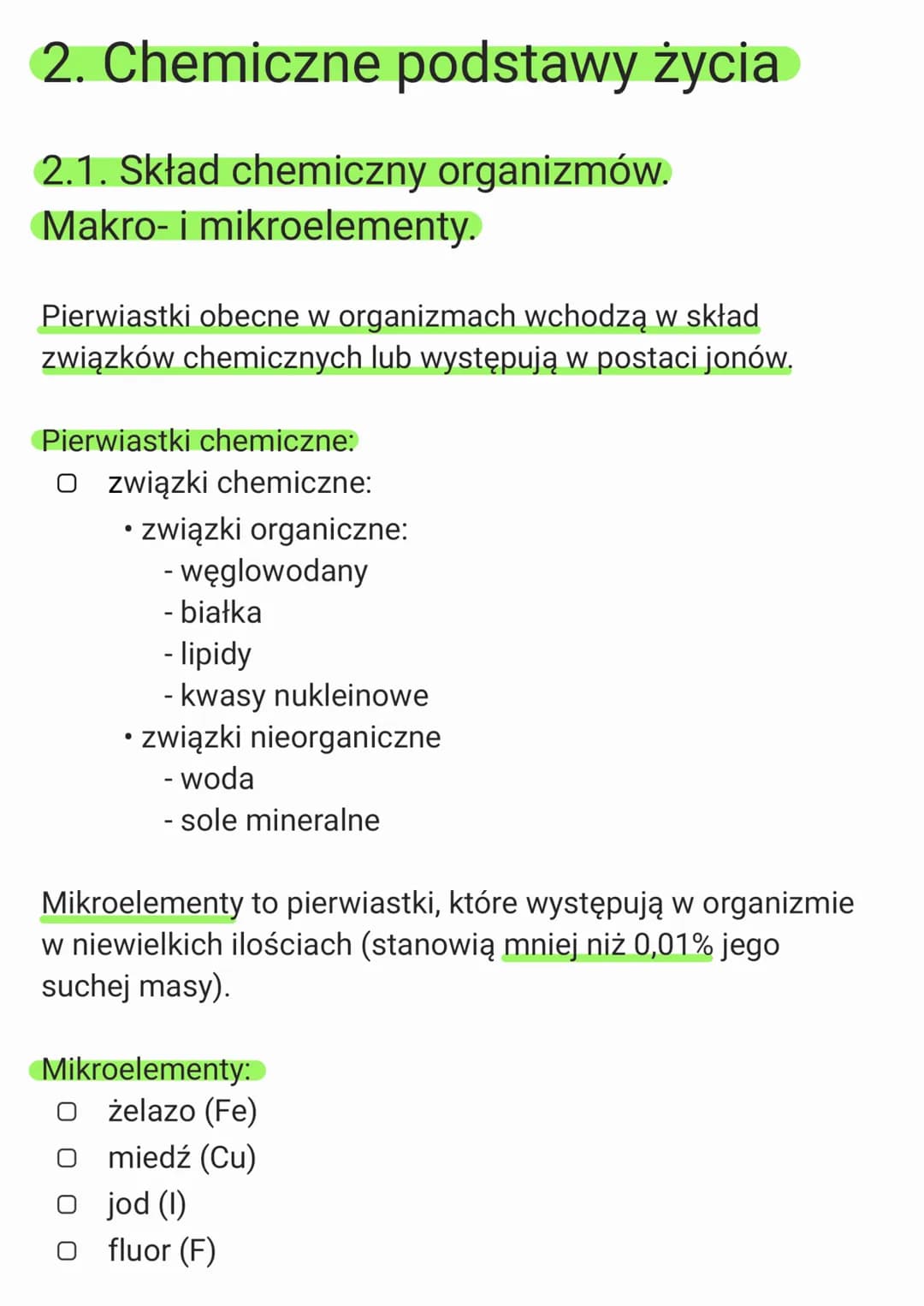 2. Chemiczne podstawy życia
2.1. Skład chemiczny organizmów.
Makro- i mikroelementy.
Pierwiastki obecne w organizmach wchodzą w skład
związk