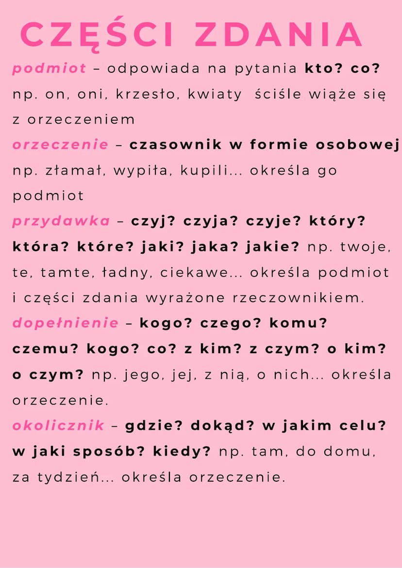 CZĘŚCI MOWY
rzeczownik- kto? co? np. mama, krzesło,
kot, on, wy, my, sałata...
czasownik - co robi? co się z nim dzieje?
np. śpi, śpiewa, ta