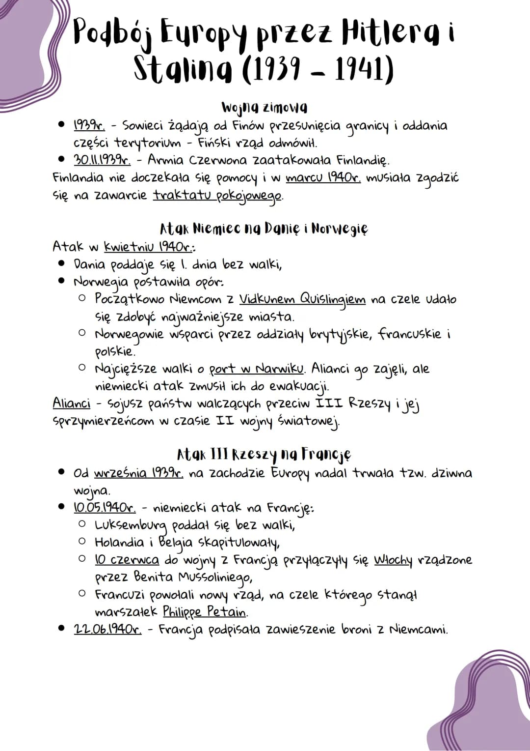 Podbój Europy przez Hitlergi
Staling (1939 - 1941)
Wojna zimowa
• 1939 r. - Sowieci żądają od Finów przesunięcia granicy i oddania
części te