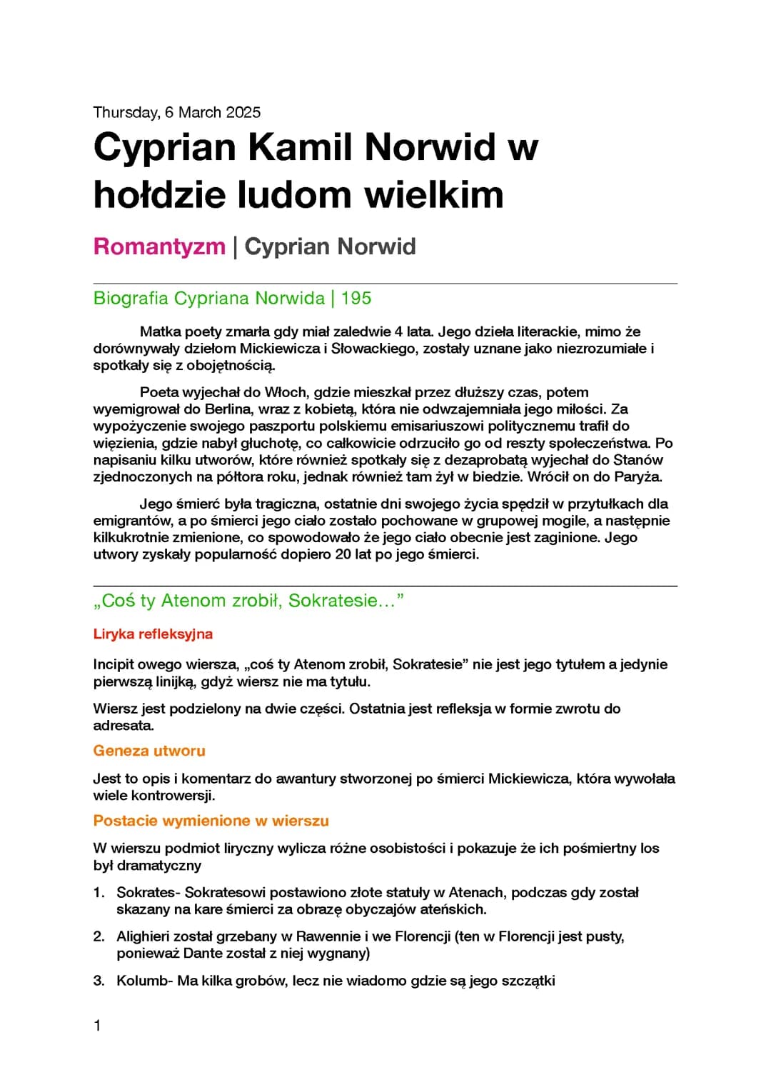 Twórczość i biografia- Cyprian Norwid | Romantyzm
