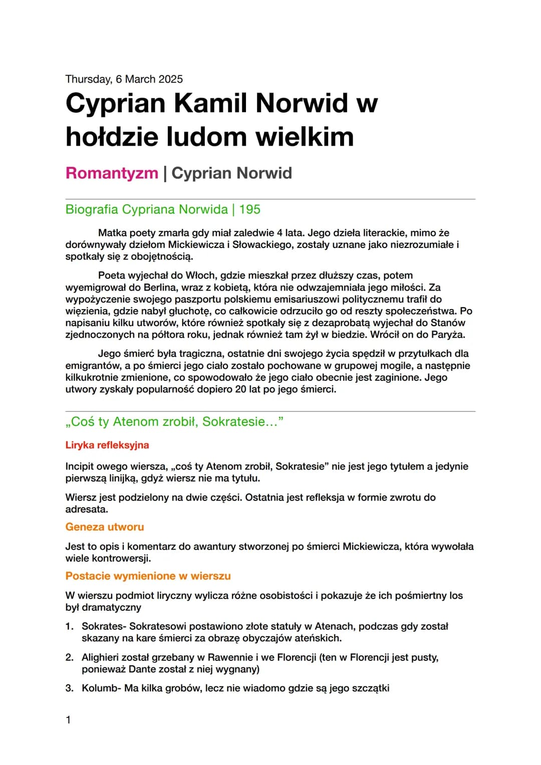 --- OCR Start ---
Thursday, 6 March 2025
Cyprian Kamil Norwid w
hołdzie ludom wielkim
Romantyzm | Cyprian Norwid
Biografia Cypriana Norwida 